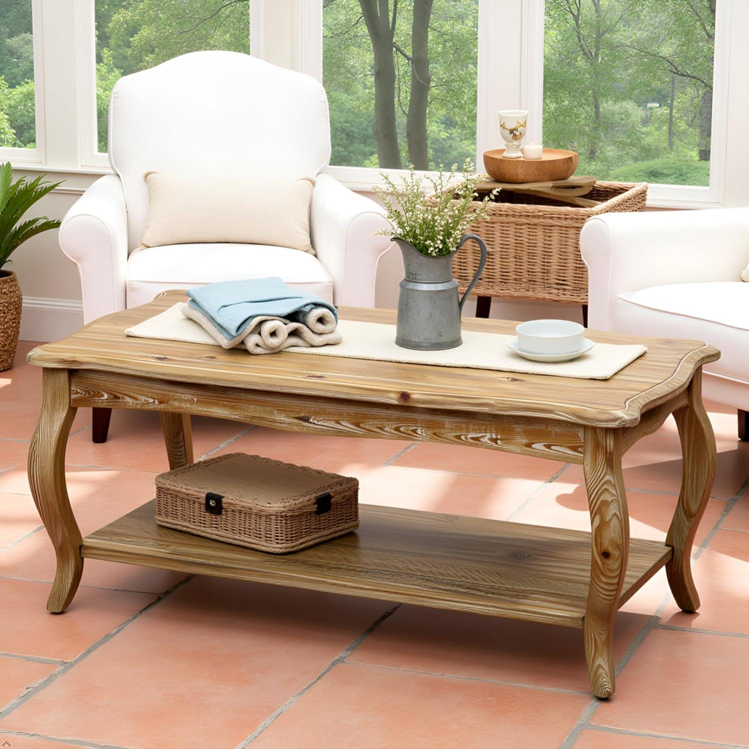 Alaterre Austerity Wood Coffee Table with Open Shelf, Driftwood Natural Finish, Accent & Occasional Furniture, Assemble Required