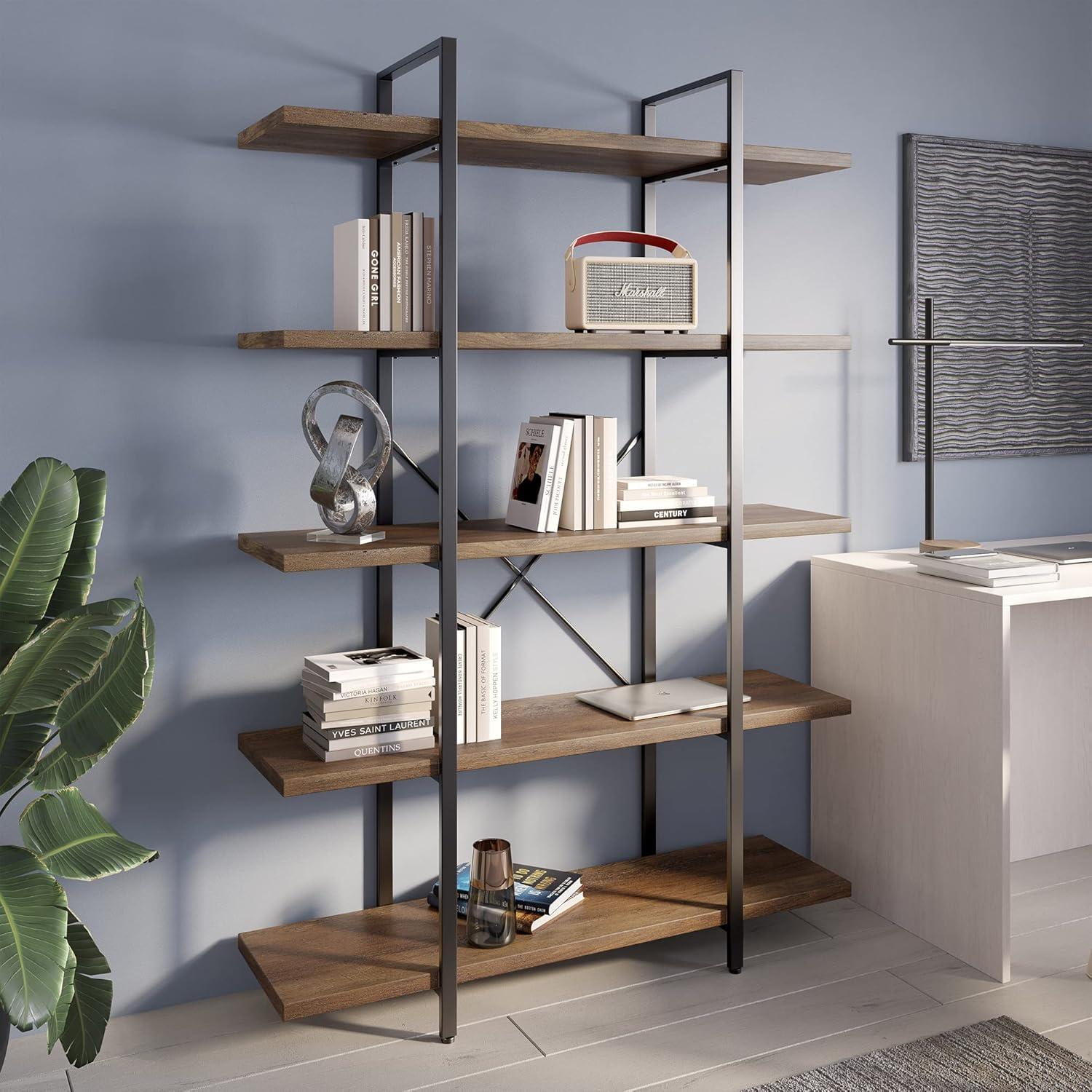 BELLEZE 5 Tier Modern Rustic Industrial Bookshelf - Hazel (Rustic Oak)