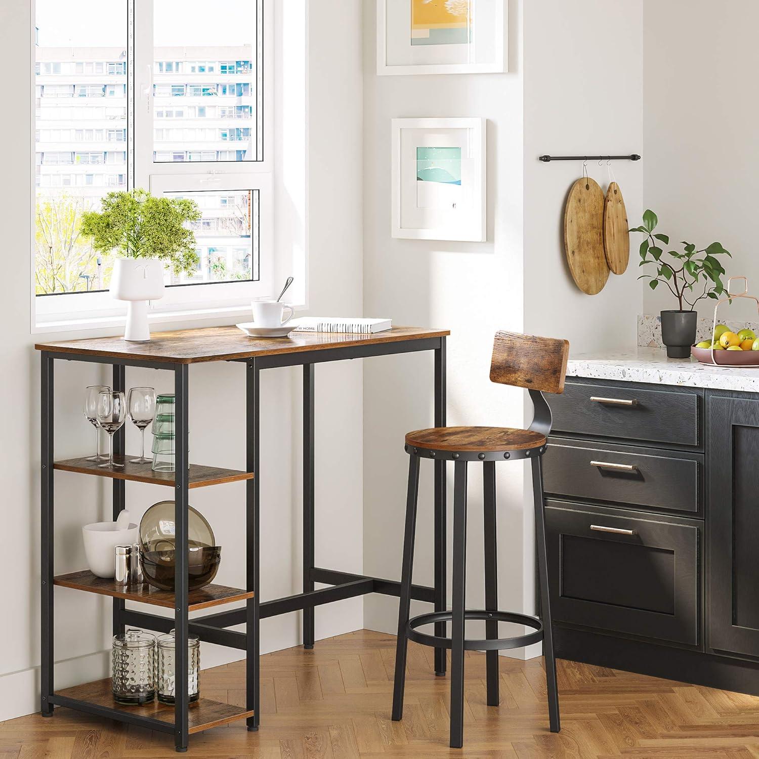 Rustic Brown & Matte Black Reclaimed Wood Bar Table with Storage