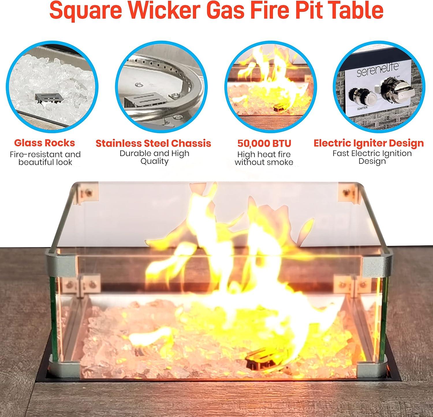 Outdoor Propane Fire Pit Table, Weatherproof Square Wicker Propane Gas Fire Table w/Tile Tabletop