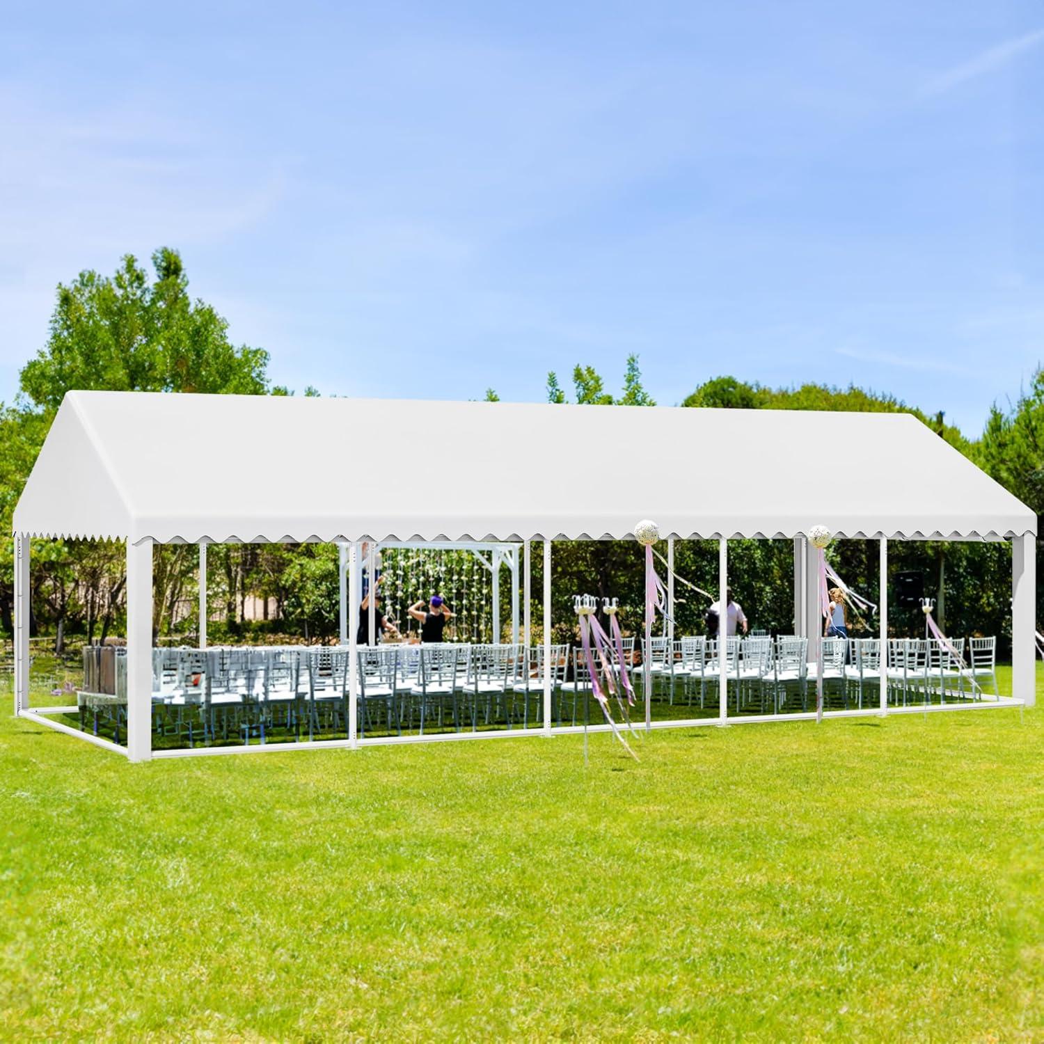 Dextrus 16x32FT Party Tent Heavy Duty PVC Wedding Event Shelters White Upgraded Galvanized Ripple Canopy with Large Roof Removable Sidewalls & 3 Storage Bags 600D Oxford Commercial