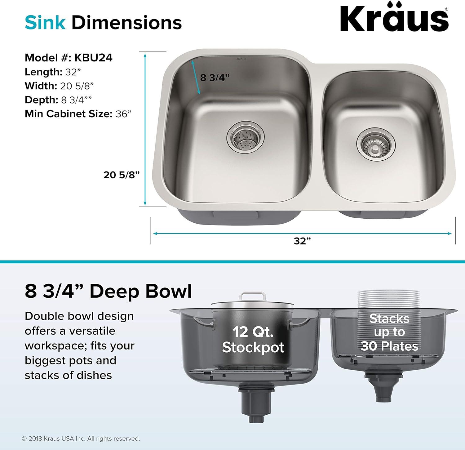 KRAUS Premier 32-inch L 16 Gauge Undermount 60/40 Double Bowl Stainless Steel Kitchen Sink