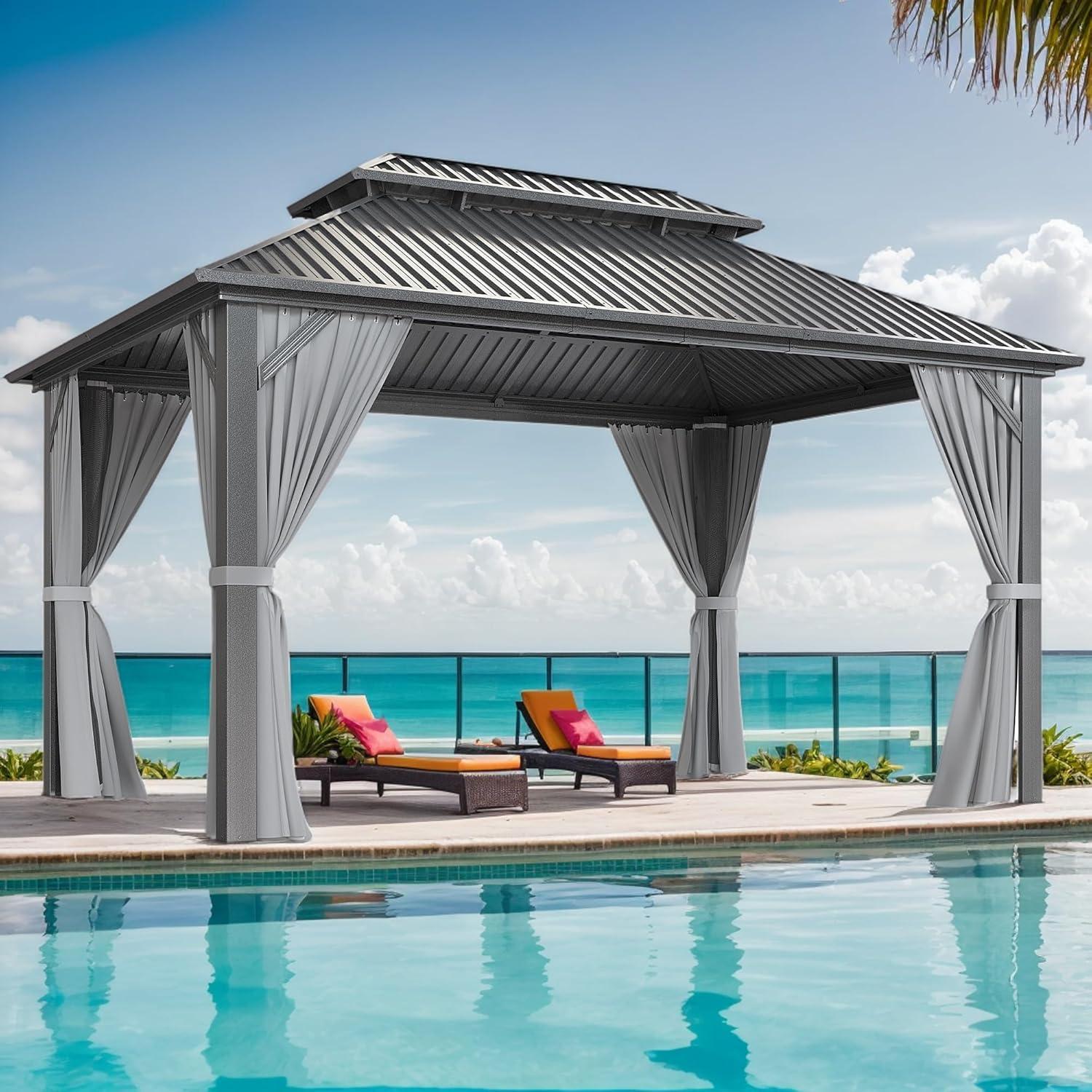 Barton 10x14 Gazebo, Hardtop Gazebo With Aluminum Frame, Double Galvanized Steel Roof, Curtains and Netting Included, Metal Gazebos Pergolas for Patios, Garden, Parties, Lawns