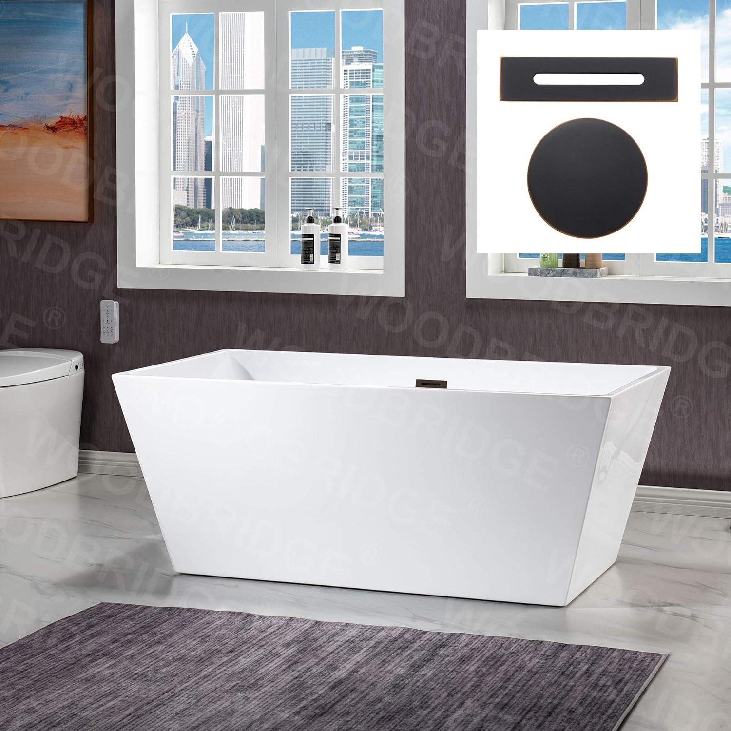 59" White Acrylic Freestanding Bathtub with Matte Black Overflow