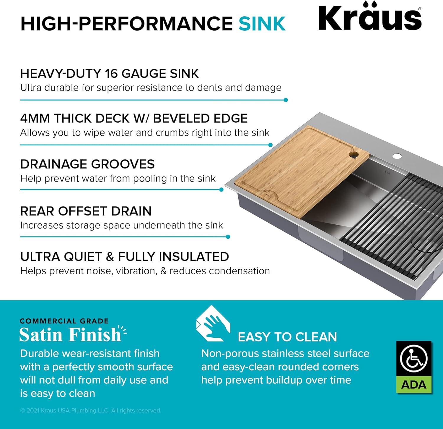 Kore™ ADA Workstation 33" L Drop-In Top Mount 16 Gauge Stainless Steel Single Bowl Kitchen Sink with Accessories