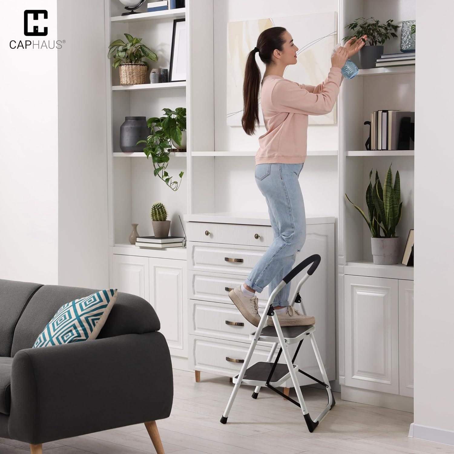 White 2-Step Folding Ladder with Anti-Slip Pedals