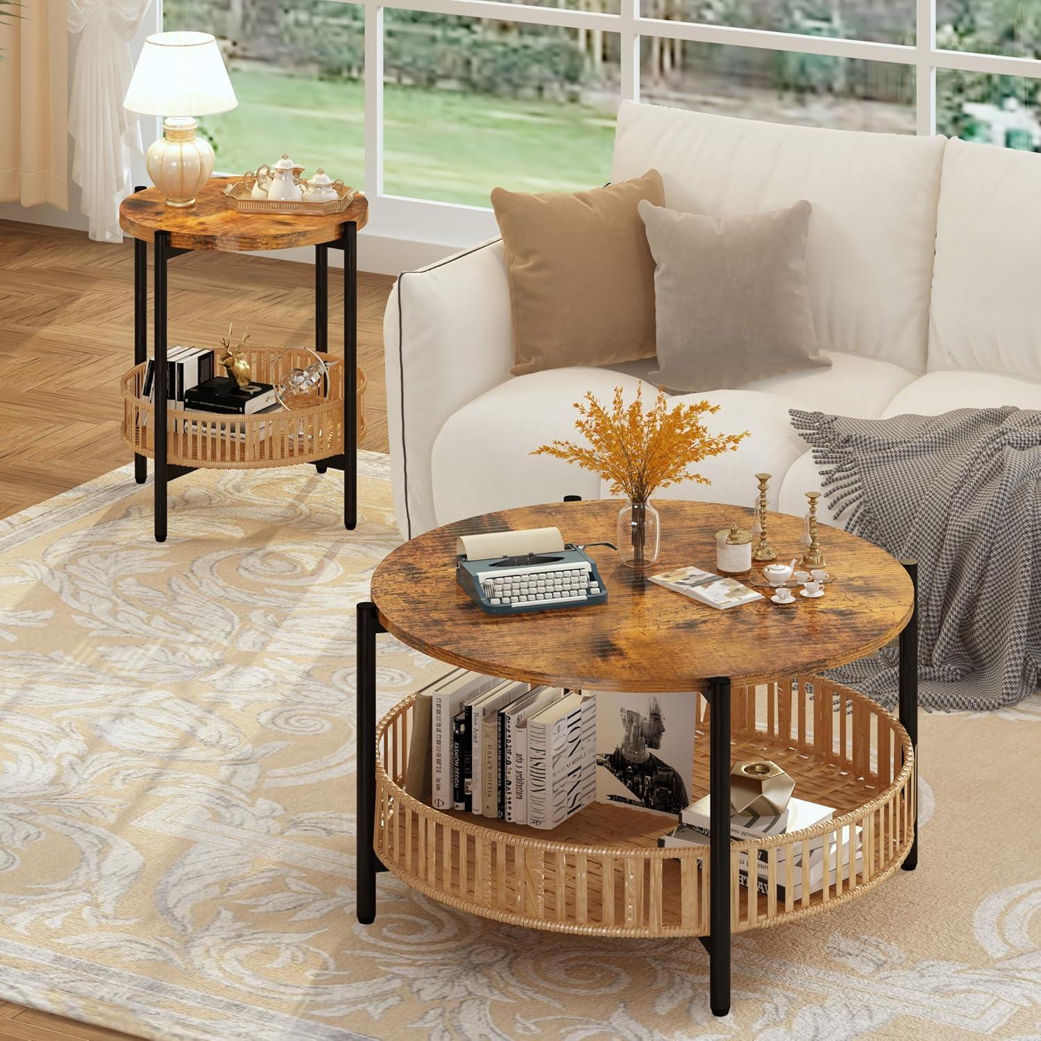 AWQM 3 Pieces Coffee Table Set for Living Room, 2 Tier Round Rattan Coffee End Side Table, Boho Living Room Table Set with Metal Frame for Bedroom Office