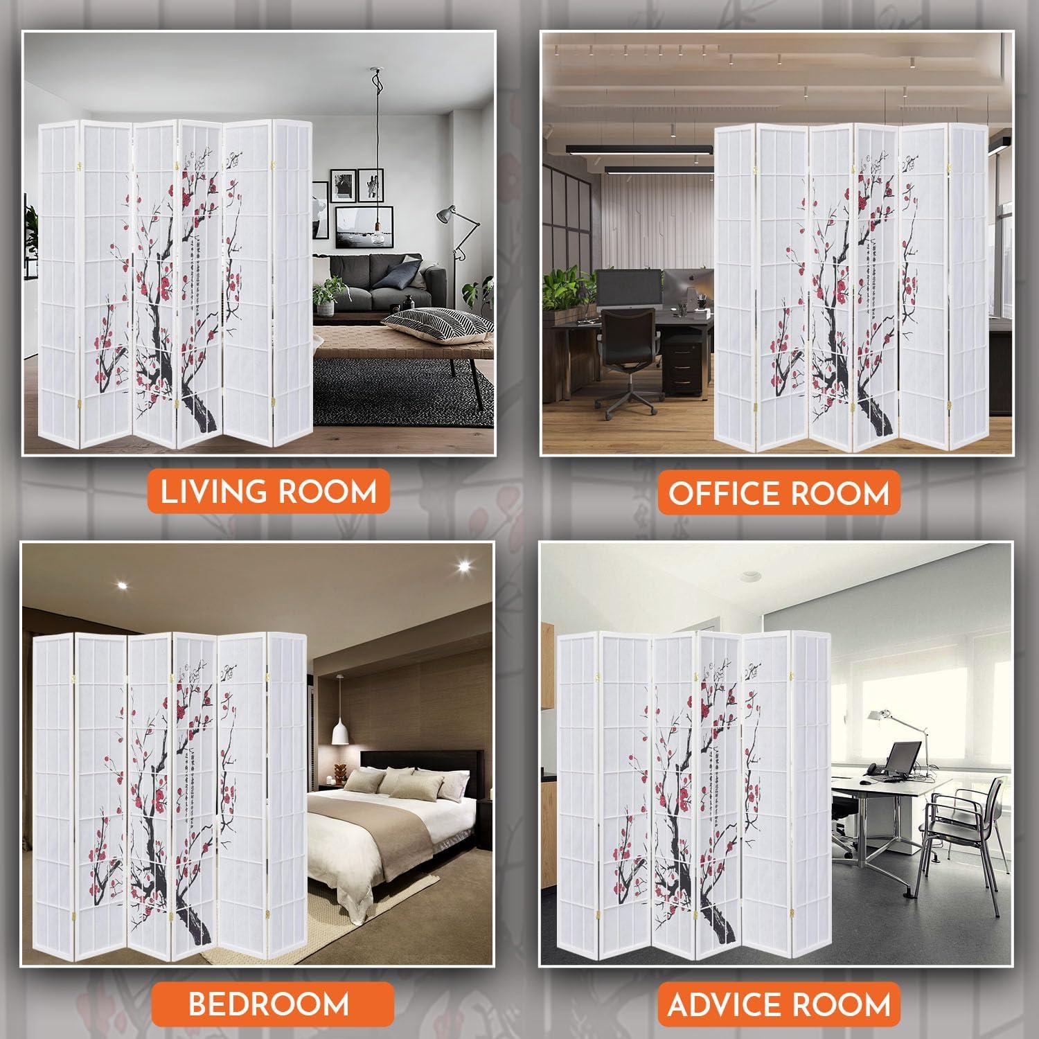 Legacy Decor 6 Panel Room Divider Privacy Screen Panel Blossom Shoji Design White Color