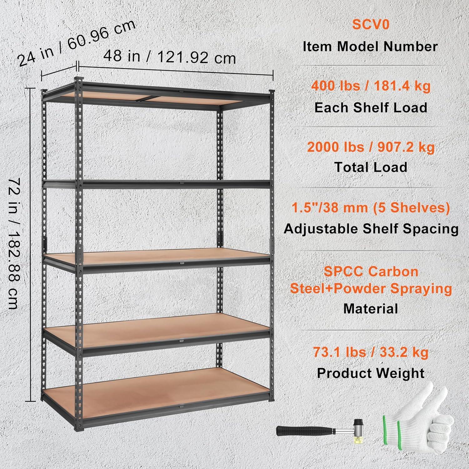 RIEDHOFF Storage Shelving Unit, 5-Tier Adjustable, 2000 lbs Capacity, Heavy Duty Garage Shelves Metal Organizer Utility Rack, Black, 48" L x 24" W x 72" H for Kitchen Pantry Basement Bathroom Laundry