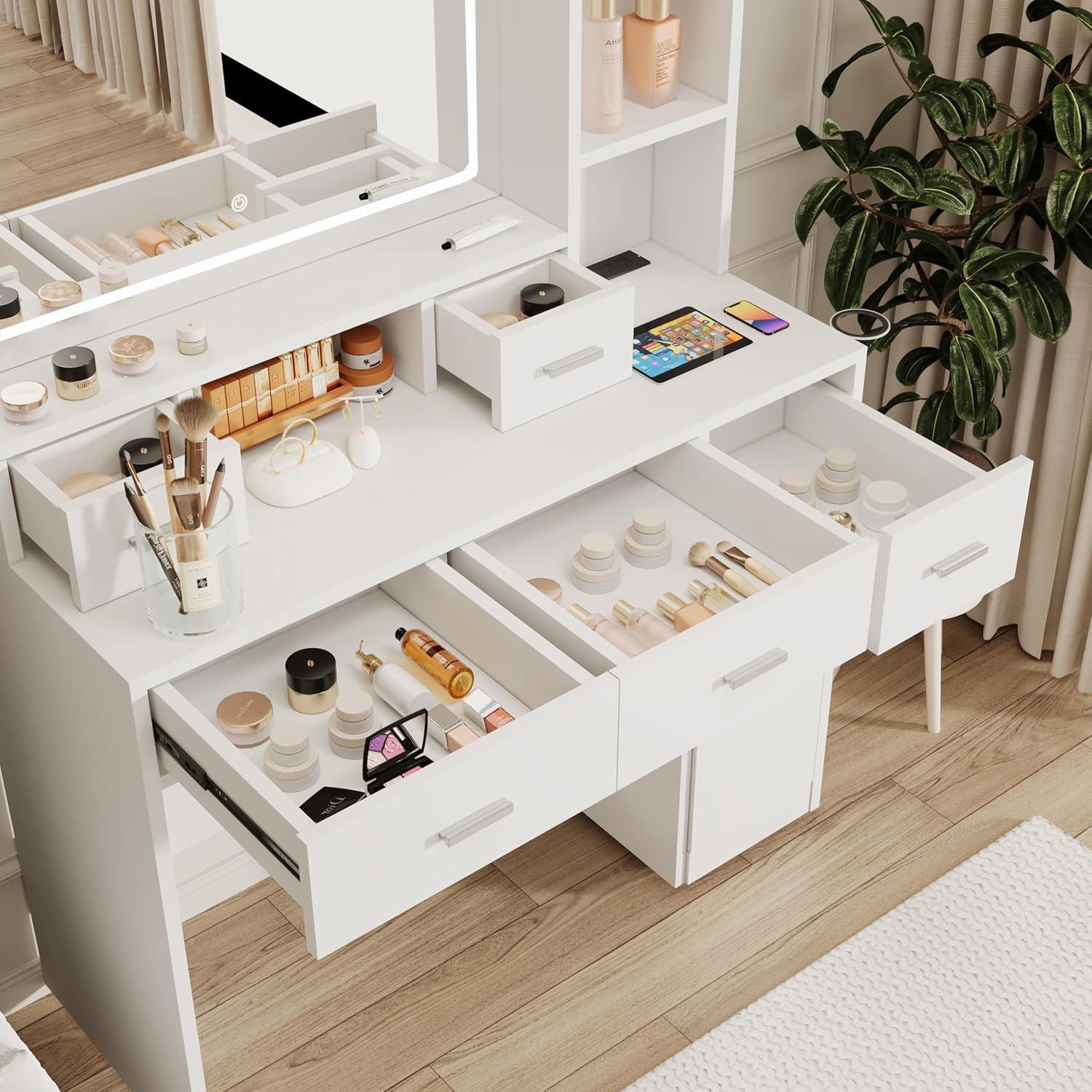 Vanity Desk with Large LED Mirror, Large Vanity Table with Charging Station, Makeup Vanity Desk with Drawers for Bedroom Dressing Room, Women Girls