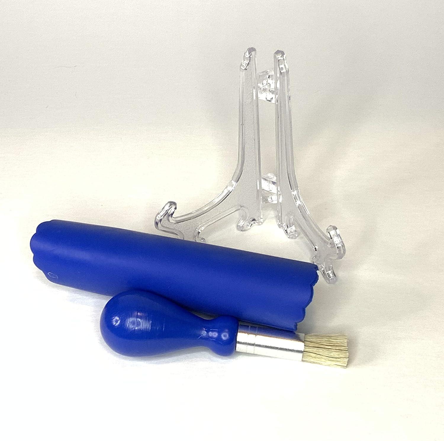 All-in-one 4pcs Premium Ceramic Garlic Grater Set - HandMade, Blue Stoneware Design Grater Plate_Garlic Peeler, Gathering Brush, Display Stand, It's also grating Turmeric, Ginger, and more,.