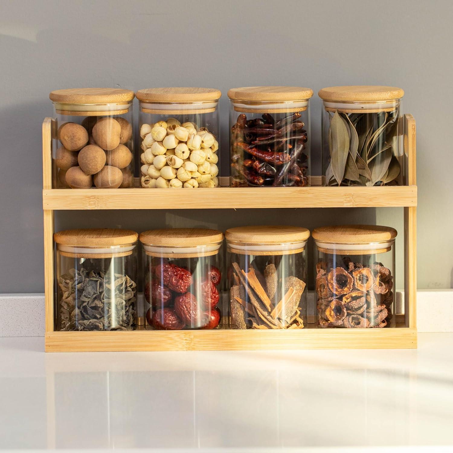 Basicwise 2-Tier Bamboo Spice Rack & Pantry Organizer with 8 Glass Jars.Perfect for Storage in Kitchens to Keep Seasoning Containers Neatly Displayed