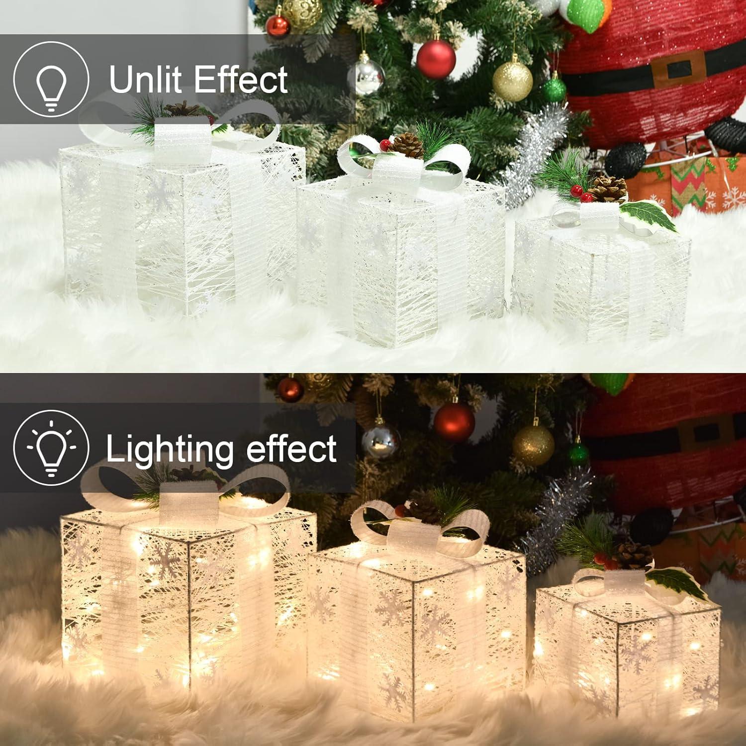 Set Of 3 Christmas Lighted Gift Boxes Decorations, Pre-Lit 60LED White Boxes With Snow, Battery Operated Christmas Lights Decor For Home, Party, Holiday