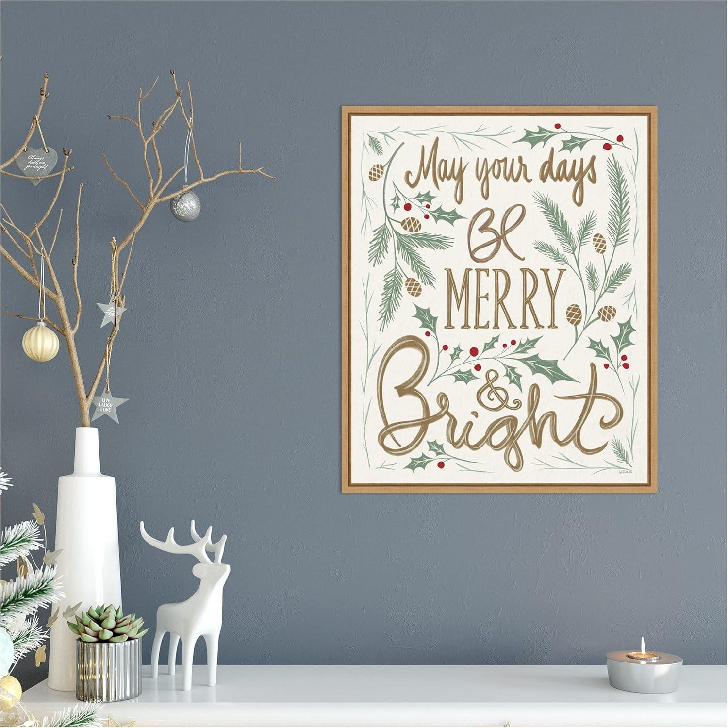 Merry and Bright Holly Christmas Canvas Framed Wall Art