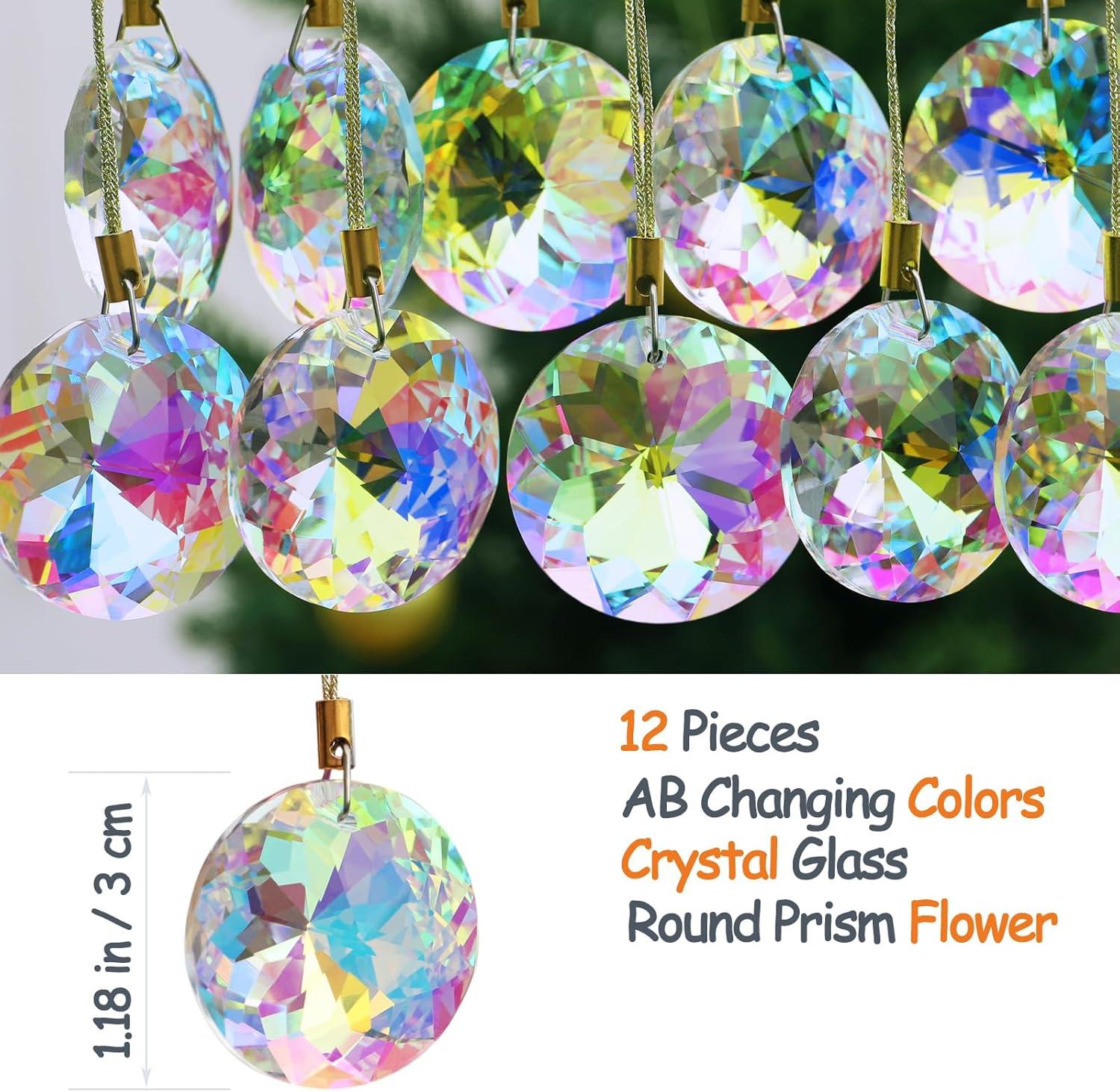 12 Pcs Crystal Glass Christmas Balls Ornaments, 1.18″ Mini Round Prism Flower Xmas Tree Decorations, Hanging Ornament for Wedding Party Home Decor