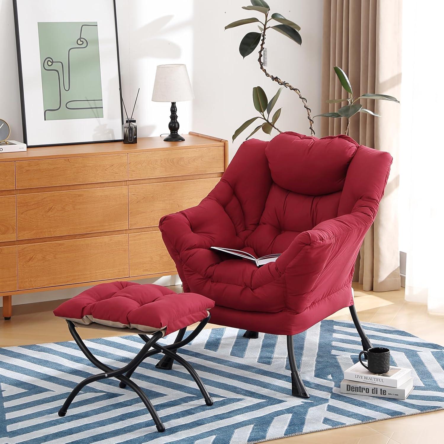 Burgundy Velvet Accent Chair with Ottoman and Metal Frame