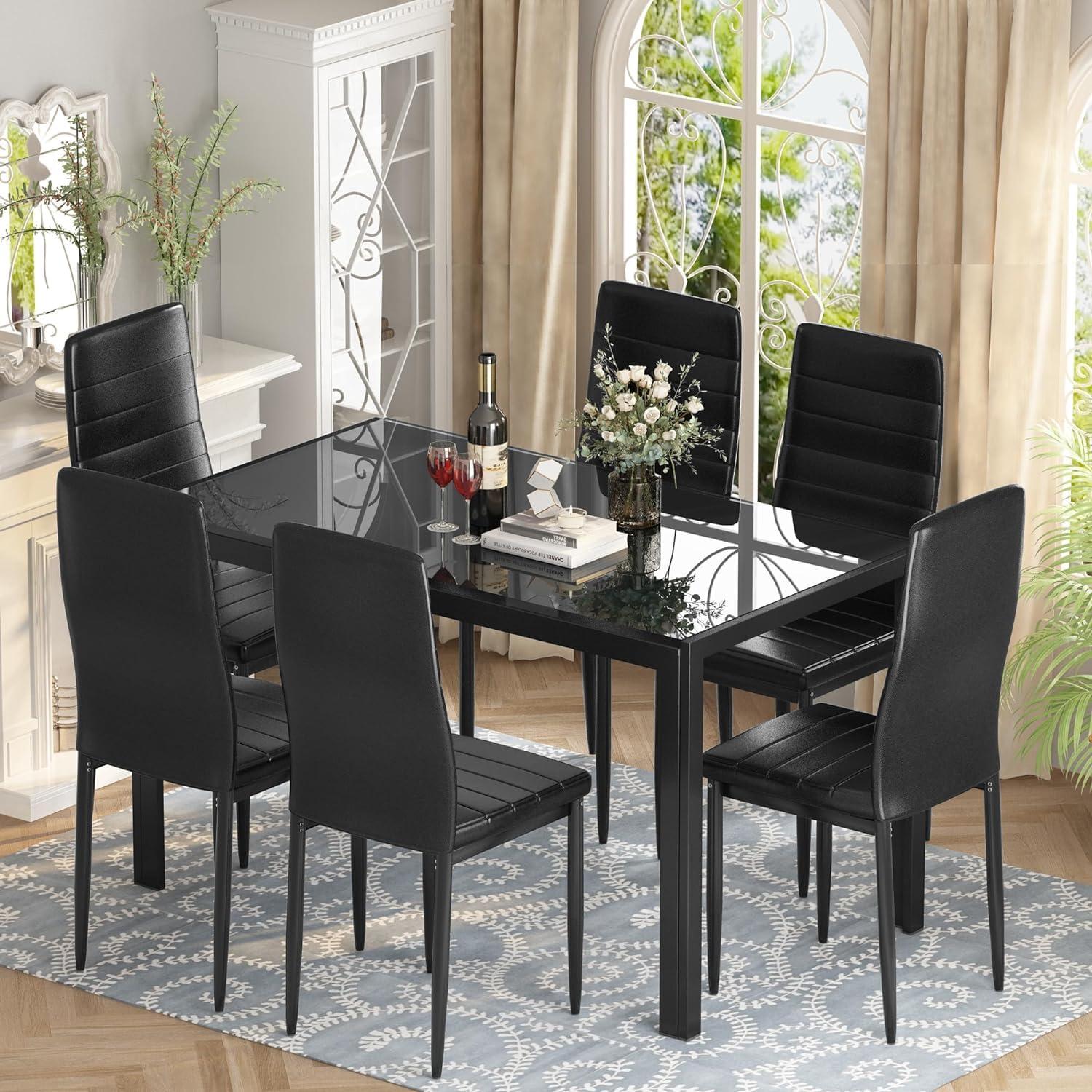 Black Glass Top Dining Table Set with 6 Faux Leather Chairs