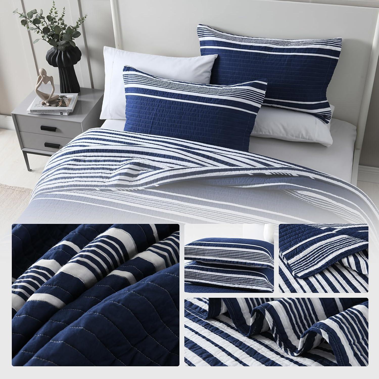 PANGUSHAN 100% Cotton Navy Blue Quilt Queen Size, Queen Quilt Bedding Set Quilted Bedspreads, Lightweight Reversible Striped Comforter for Queen Bed, All Season, Navy Blue, 3 Pieces