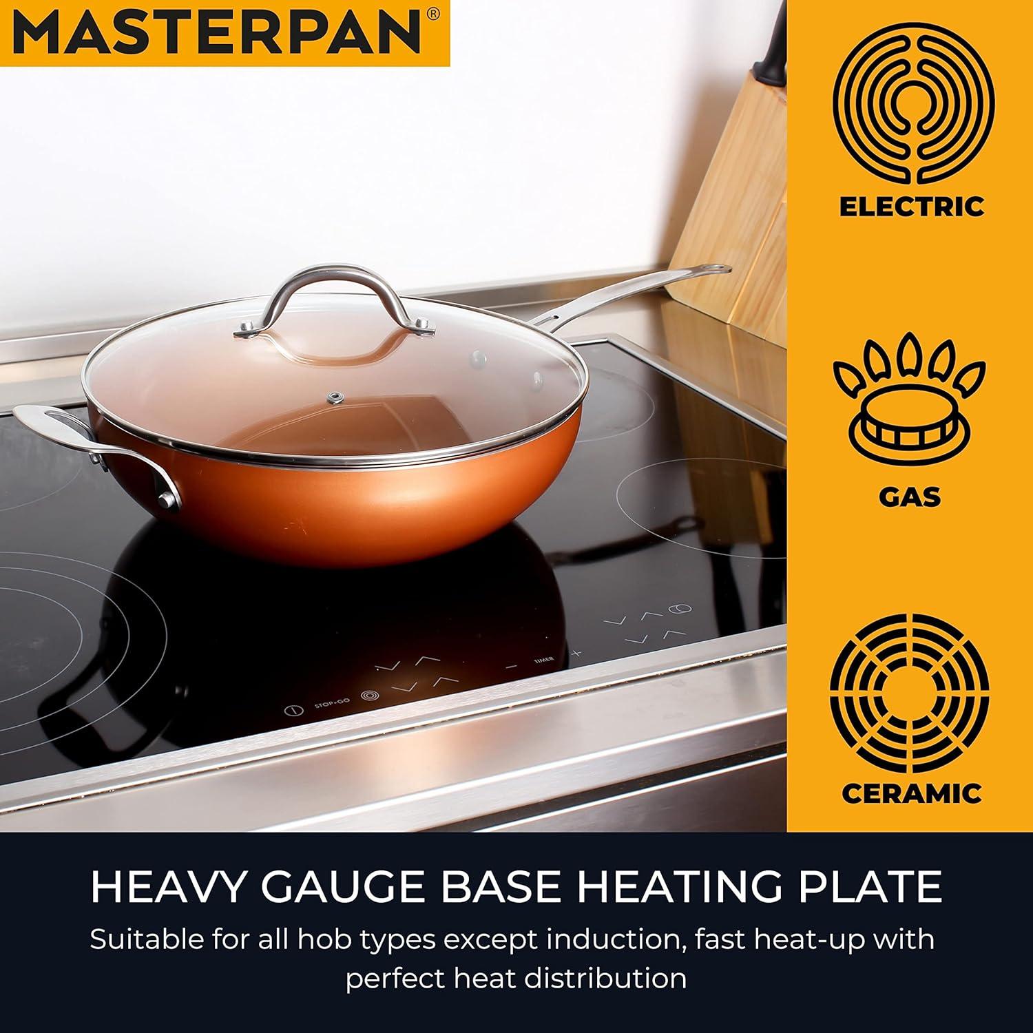 Masterpan MP-99 12 in. Chefs Wok & Glass Lid, Copper Color Ceramic Non-Stick Coating