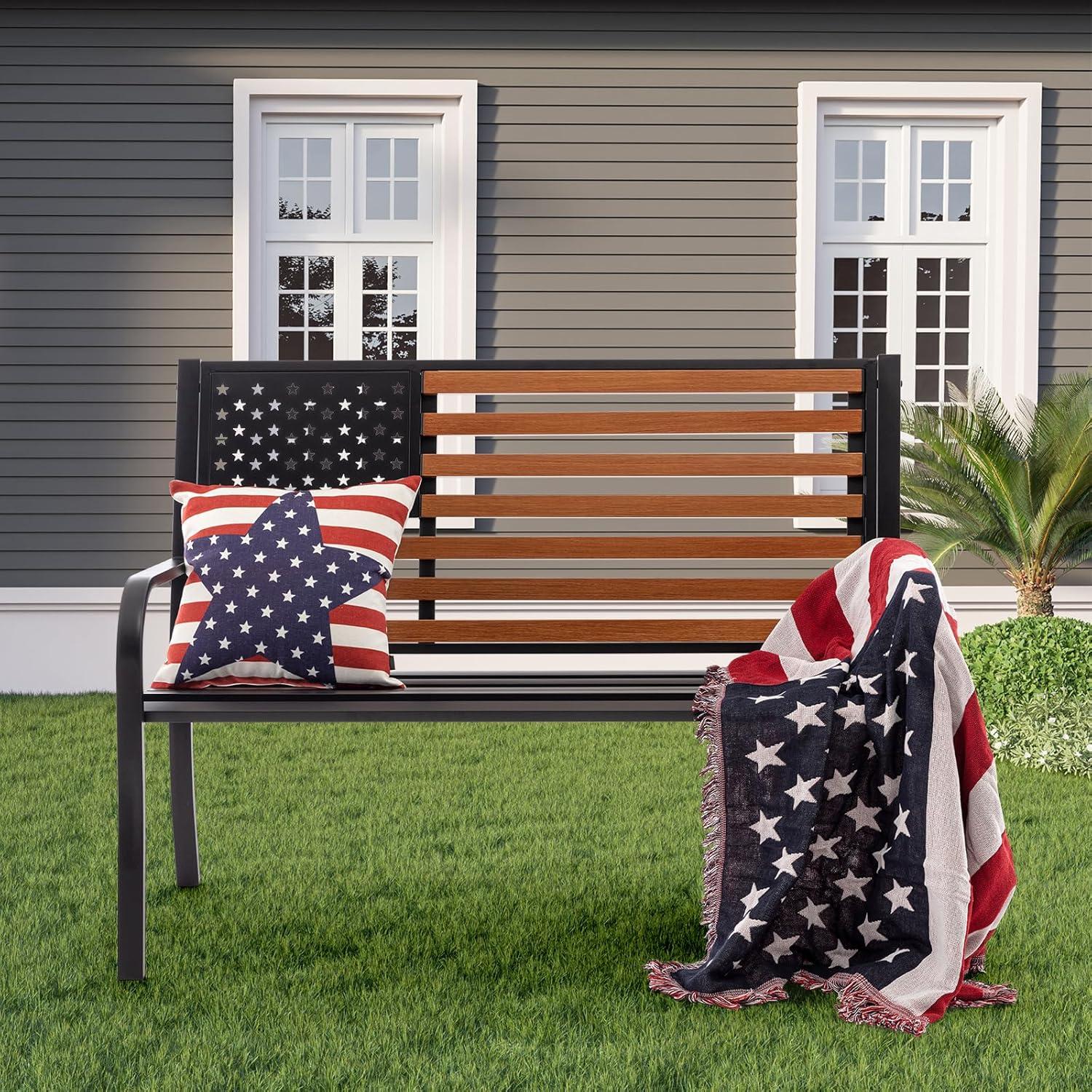 50" Outdoor Garden Bench, Cast Iron Metal Frame Patio and Porch Welcome Benches with Classic Americana Style Backrest and Weatherproof Seat, Park Decorative Memorial Bench (Black & Woodgrain Colors)
