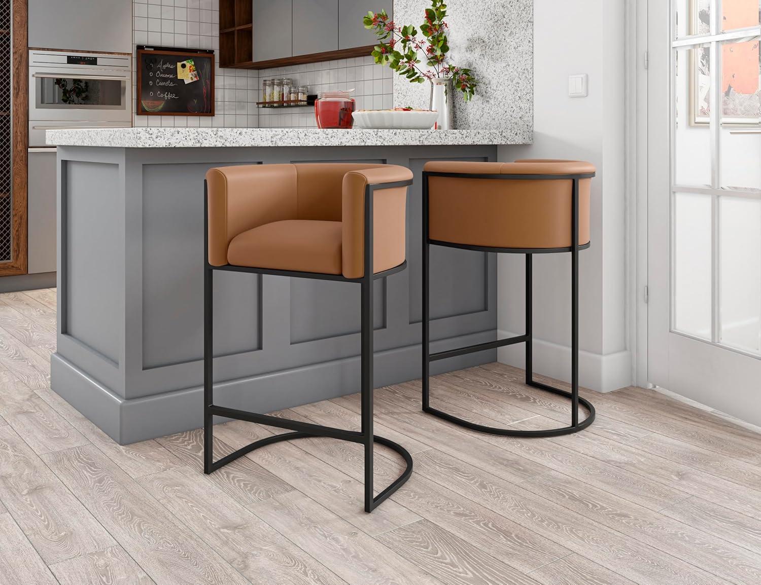 Cosmopolitan Metal Counter Height Barstool Camel - Manhattan Comfort: Upholstered, Low Back, Armrest, Footrest
