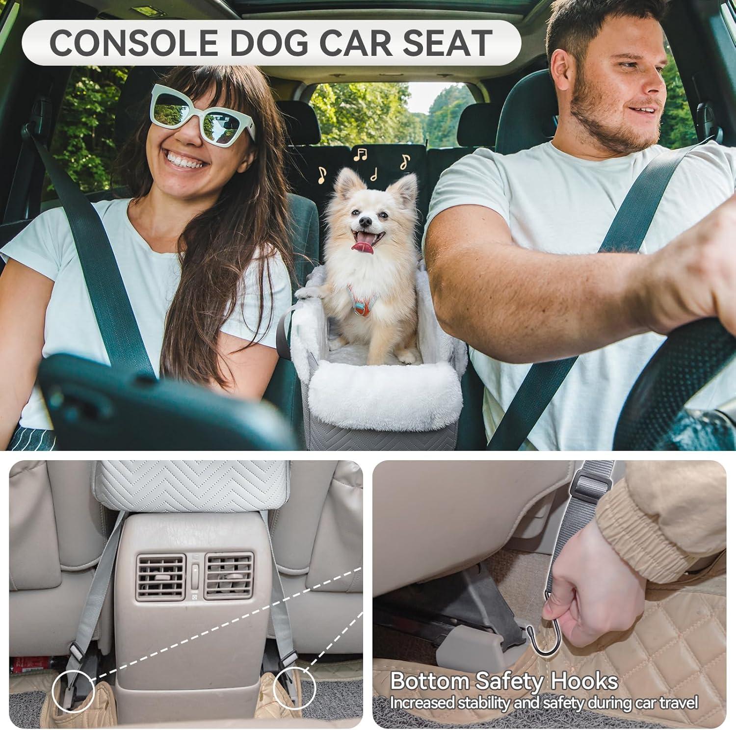 PETSFIT Small Dog Car Seat, Portable Dog Seat for Car with Safe Protective Hooks, Luxury Dog Console Car Seat,Up to 12 lbs,Grey
