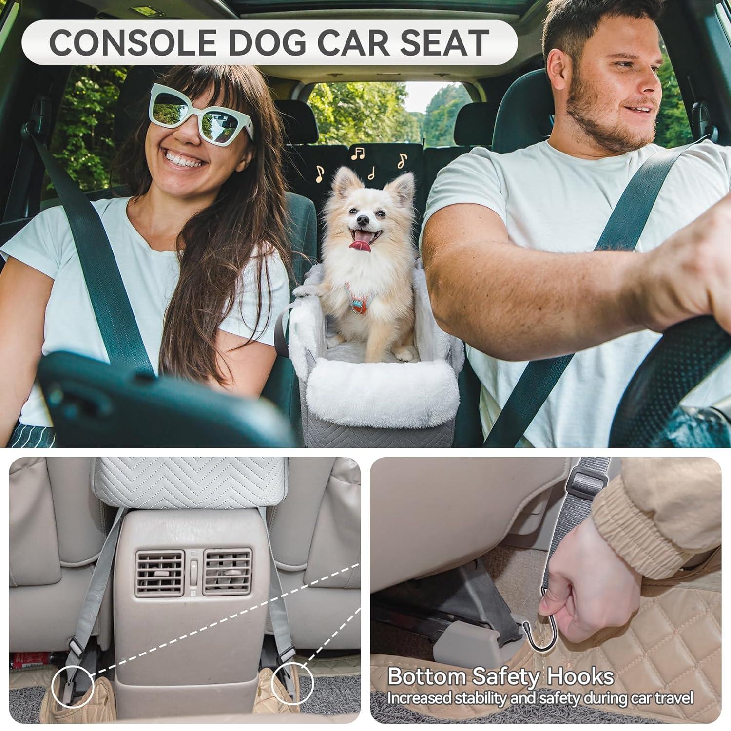 PETSFIT Small Dog Car Seat, Portable Dog Seat for Car with Safe Protective Hooks, Luxury Dog Console Car Seat,Up to 12 lbs,Grey