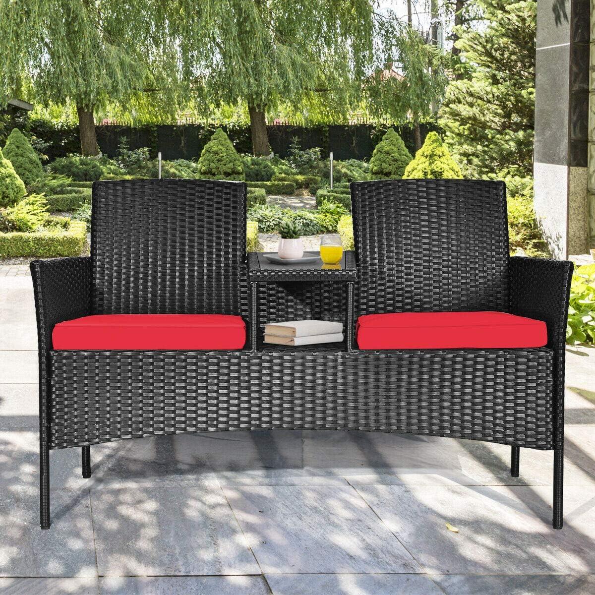 Tangkula Outdoor Rattan Furniture Wicker Patio Conversation Chair W/Cushion Red