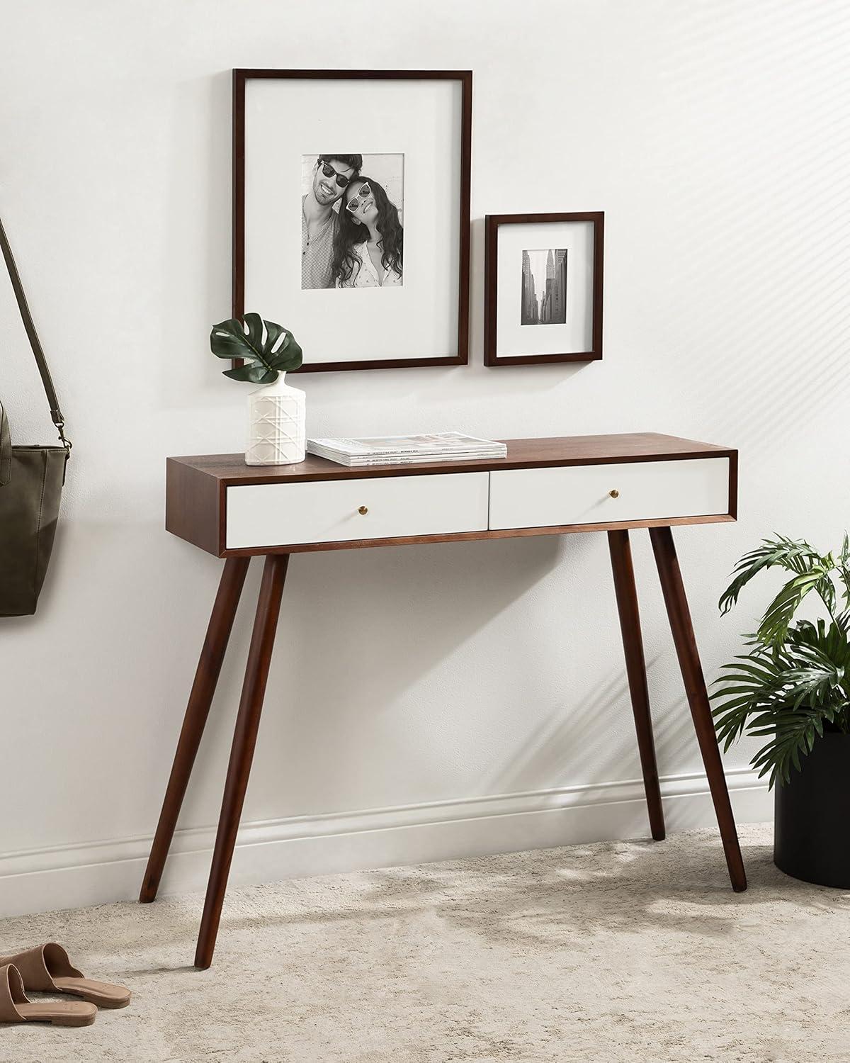 Midcentury Modern Walnut and White Console Table with Brass Accents