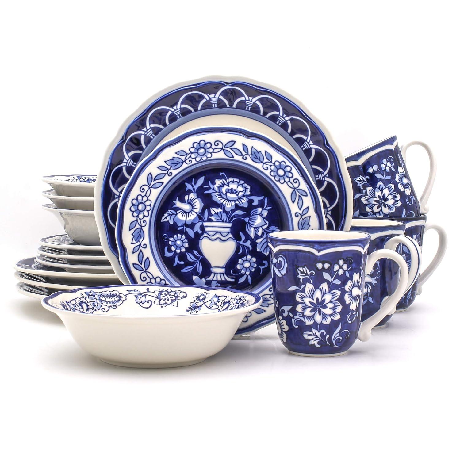 Euro Ceramica Blue Garden 16-Piece Hand-Painted Dinnerware Set- New