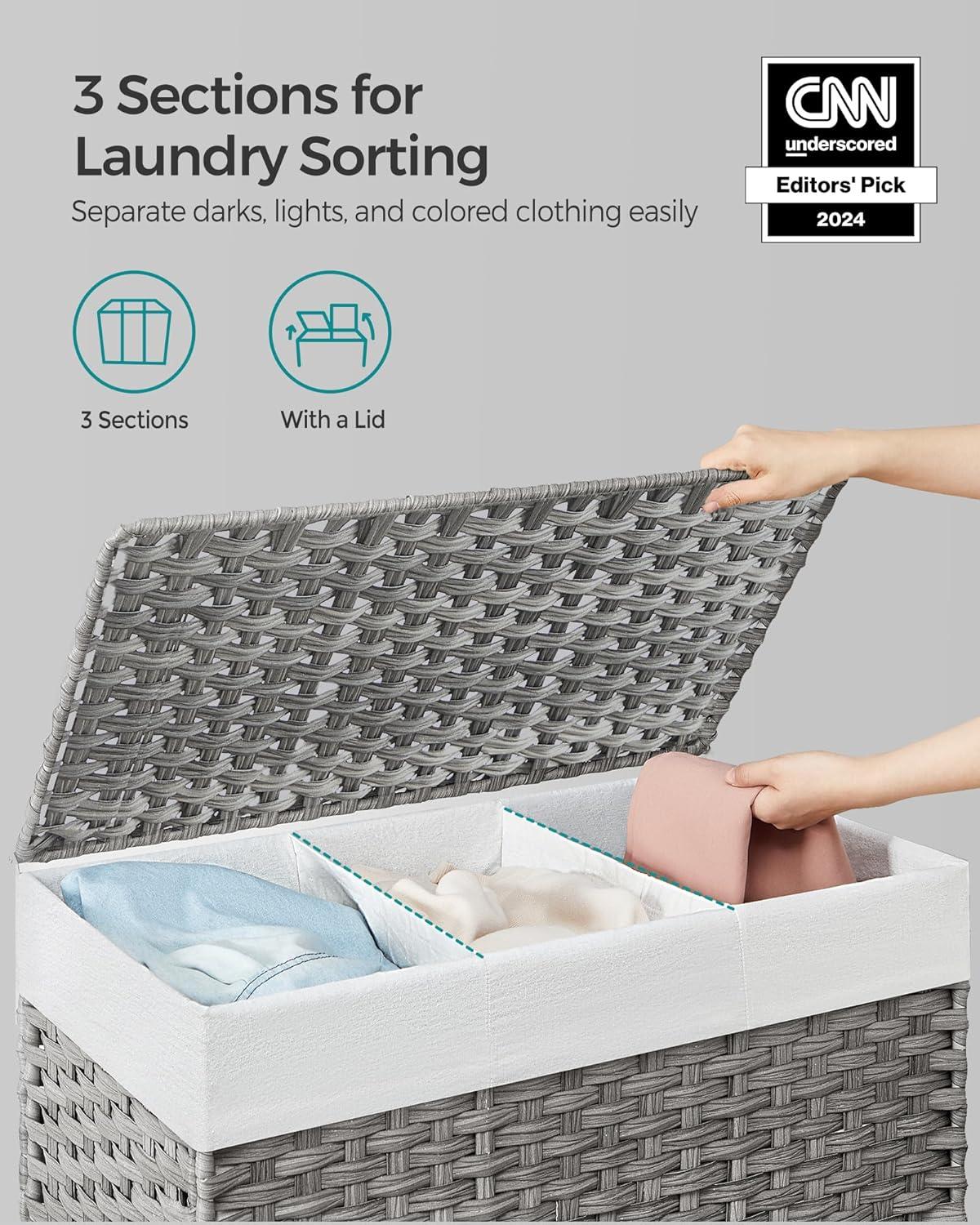 Gray Collapsible Rattan Laundry Hamper with Wheels and Lid