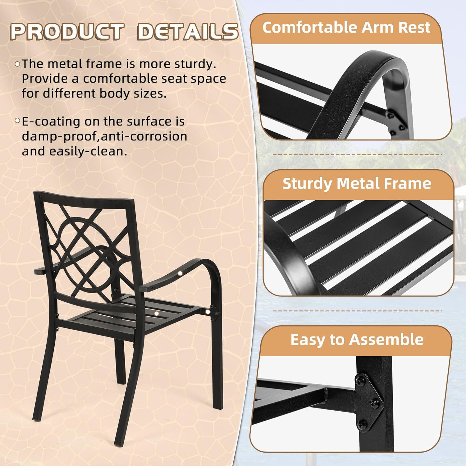 Iwicker Patio Outdoor Dining Chairs Set of 2 Steel Metal Stackable Dining Chairs with Armrest, Black