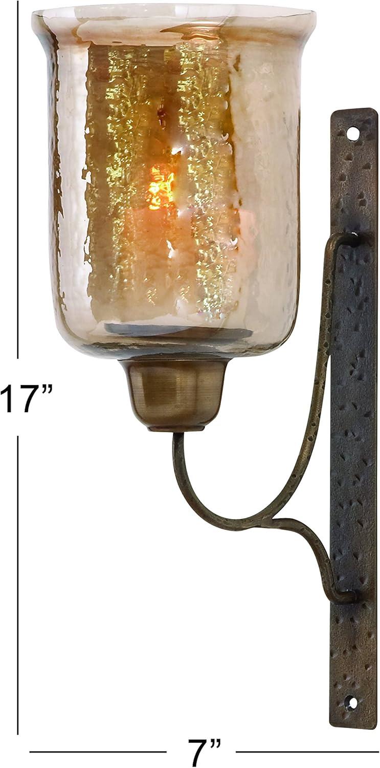 Bronze Geometric Handmade Pillar Wall Sconce with Amber Glass, 7" x 9" x 17"