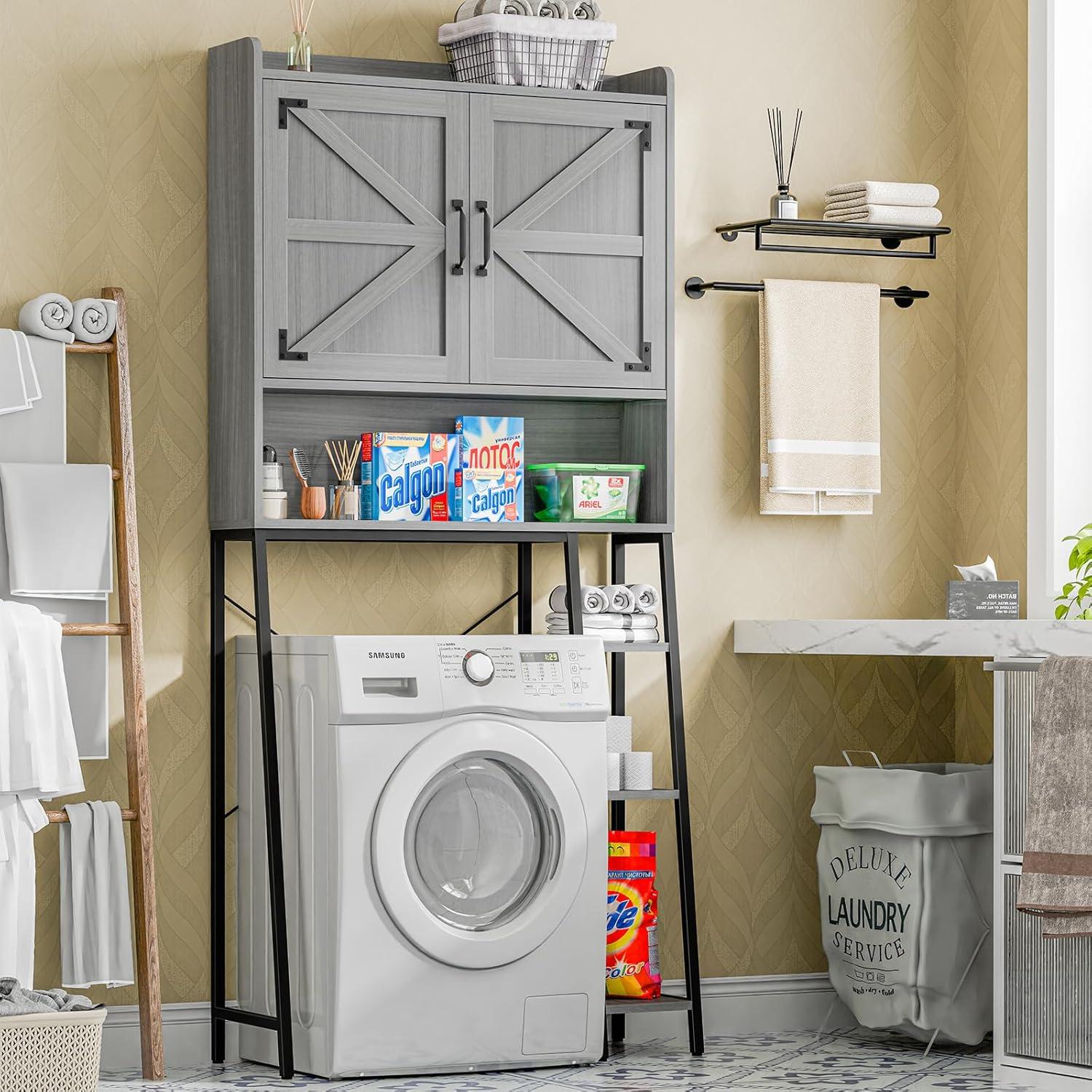 Gray Farmhouse Over-the-Toilet Storage Cabinet with Barn Doors