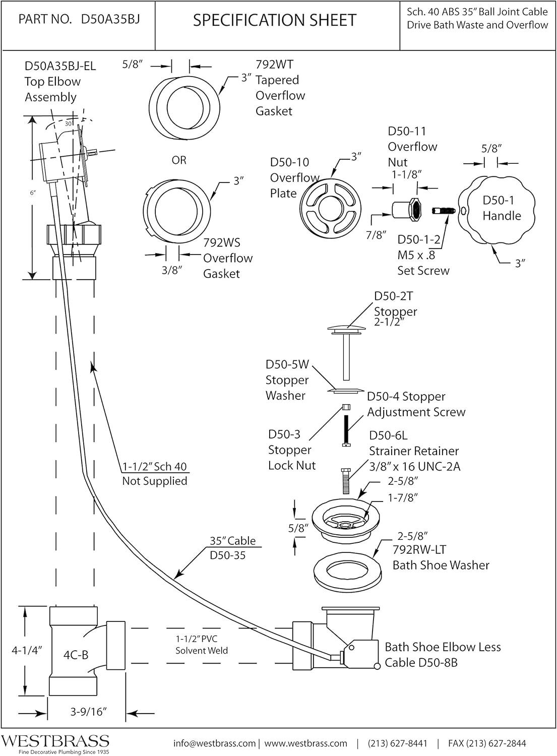 35" Cable Drive Bathtub Pop-Up Drain Trim with Ball Joint Rotary Overflow and Sch. 40 ABS Fittings