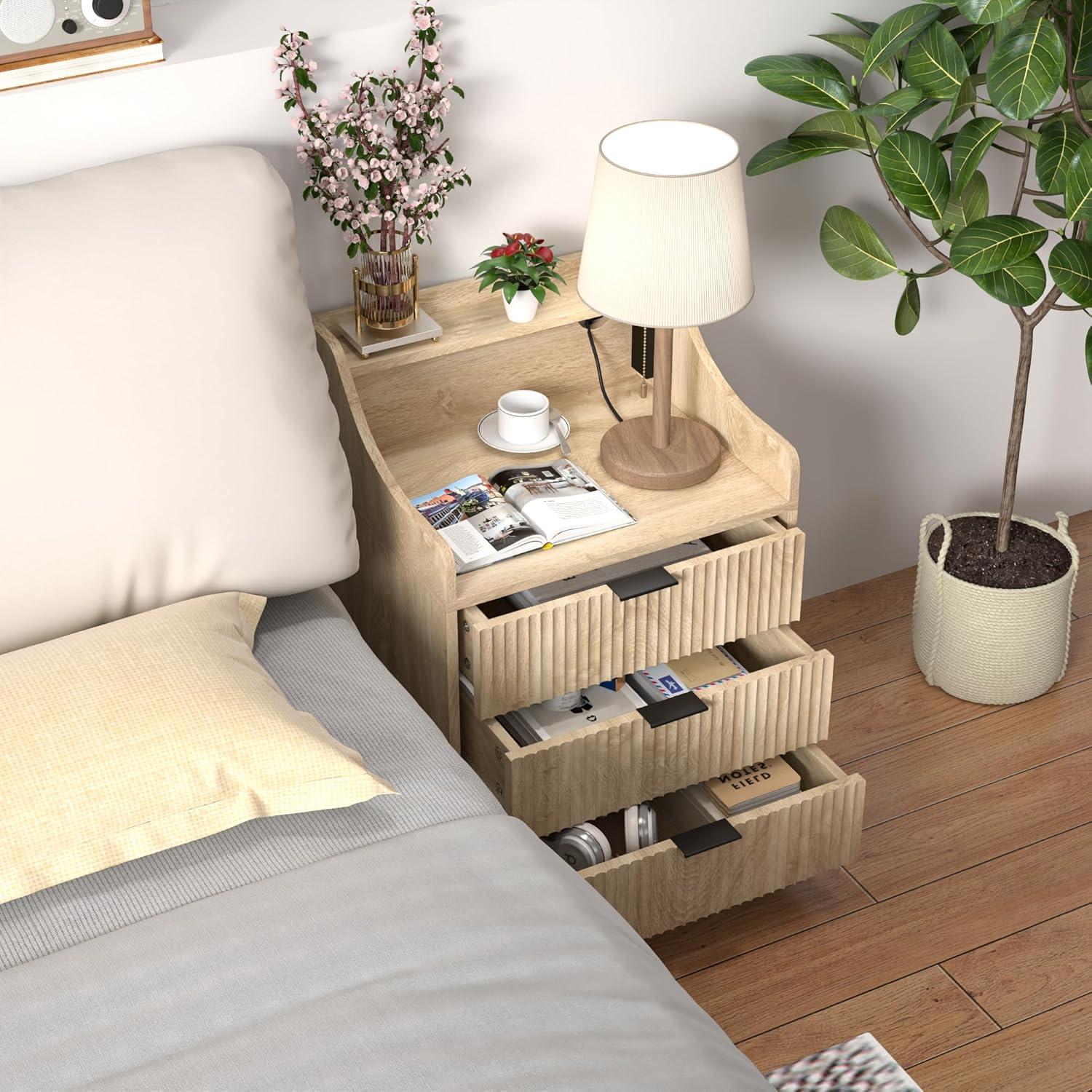 Light Brown 3-Drawer Nightstand with Charging Station