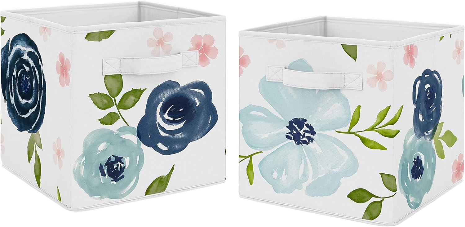 Sweet Jojo Designs Girl Set of 2 Kids' Decorative Fabric Storage Bins Watercolor Floral Blue Pink and White