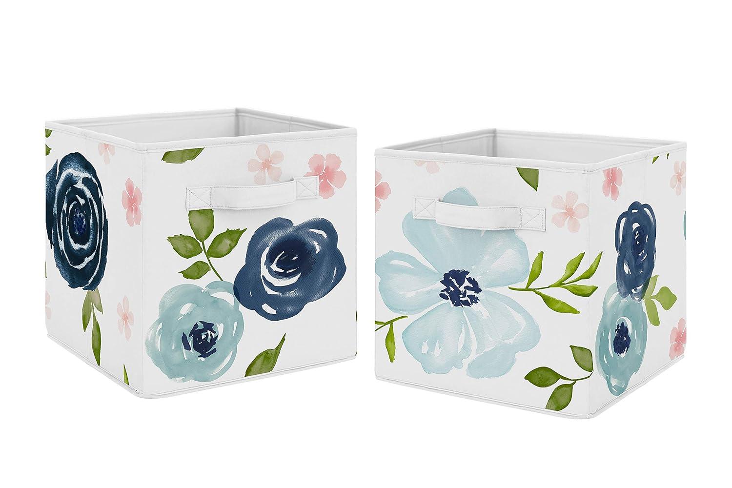 Sweet Jojo Designs Girl Set of 2 Kids' Decorative Fabric Storage Bins Watercolor Floral Blue Pink and White