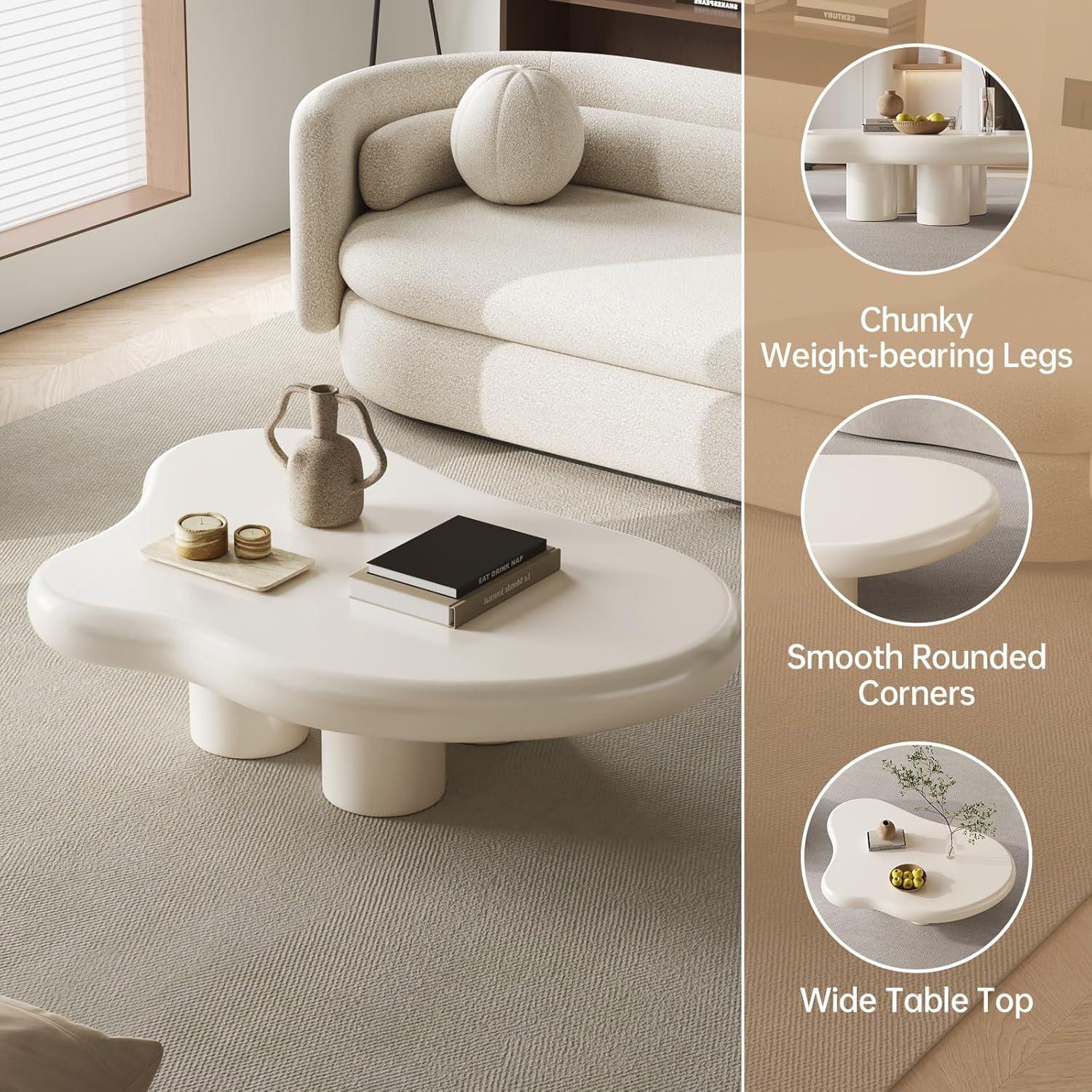 Guyii 41.02" Cream White Cloud Coffee Table, Irregular Coffee Table with 3 Legs for Living Room, Office