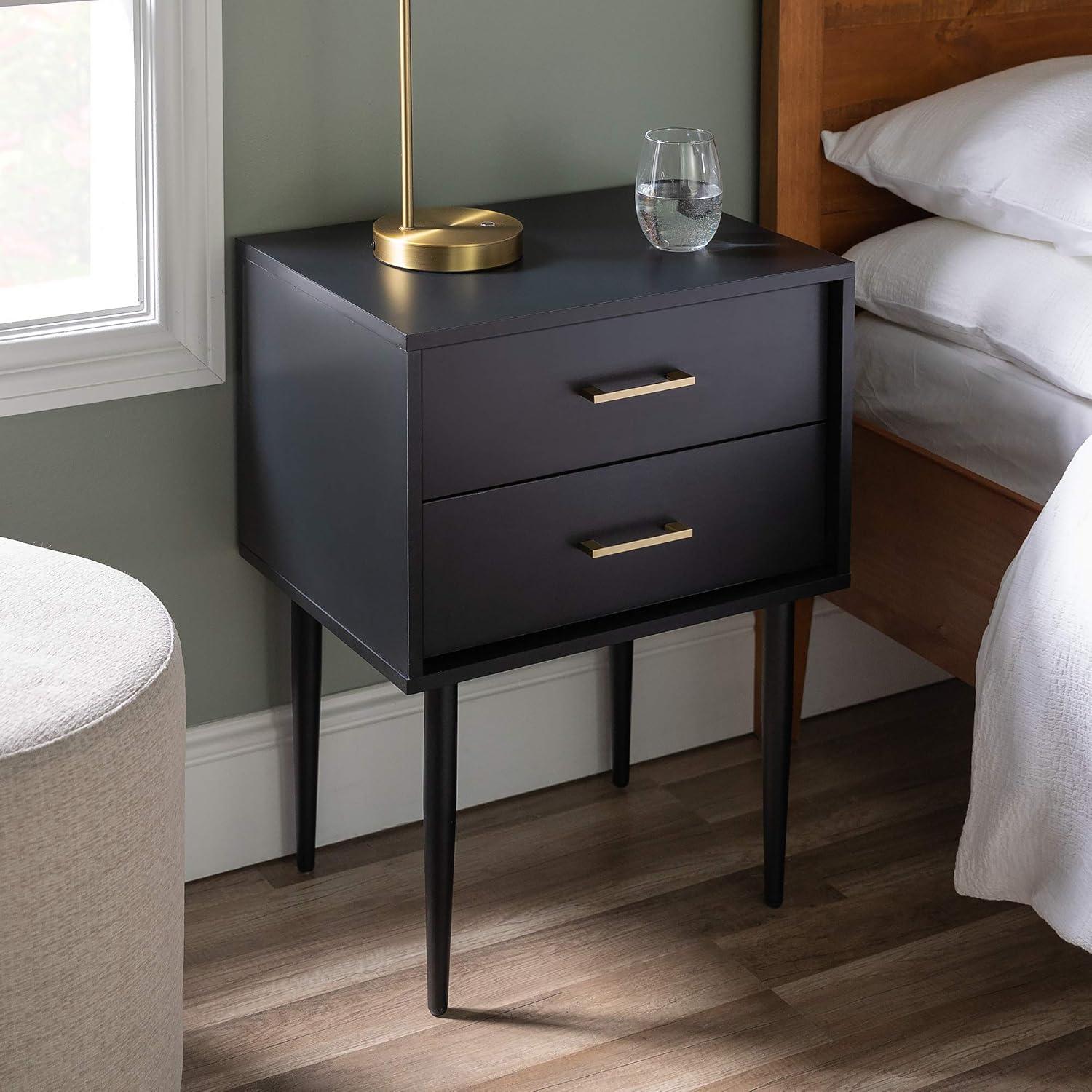 Black Wood and Metal 2-Drawer Side Table with Storage