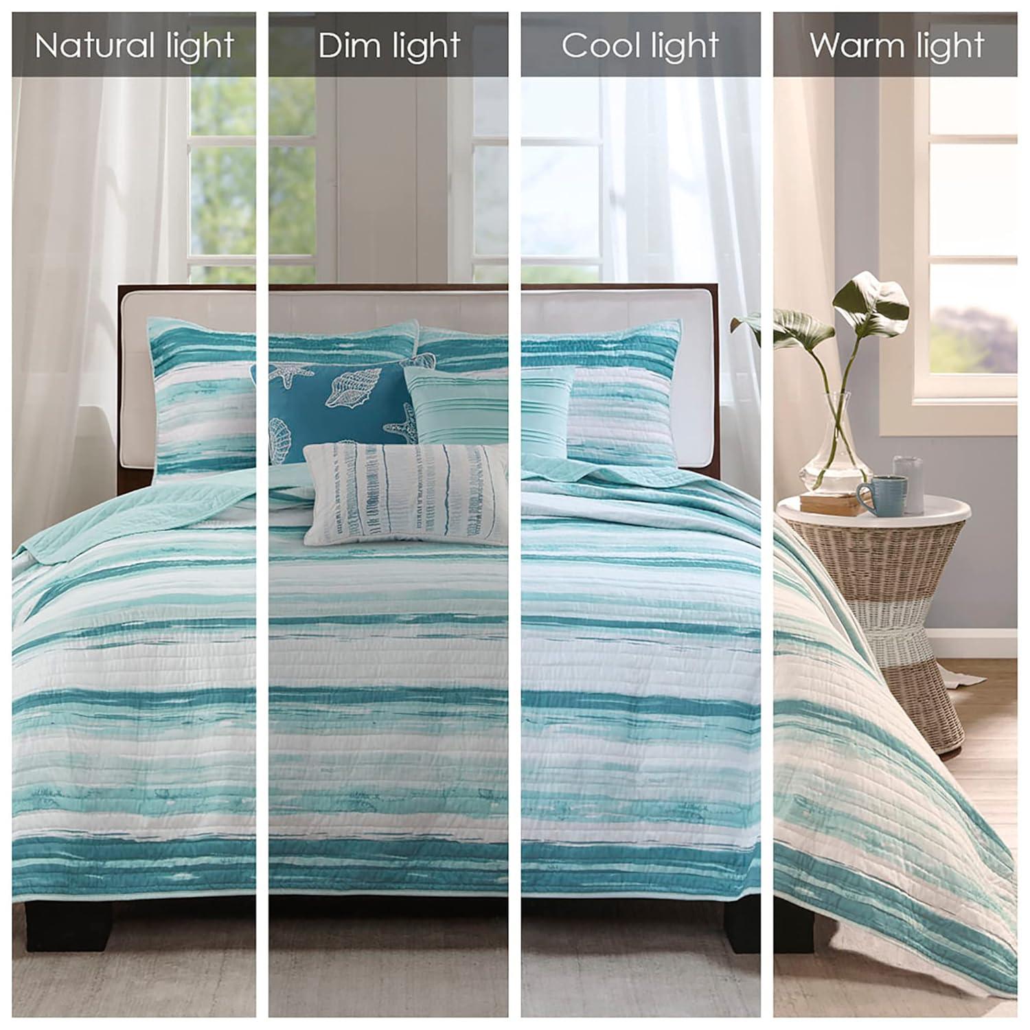 Madison Park Pebble Beach Cotton Sateen 210 TC Reversible 6 Piece Quilt Set with Throw Pillows