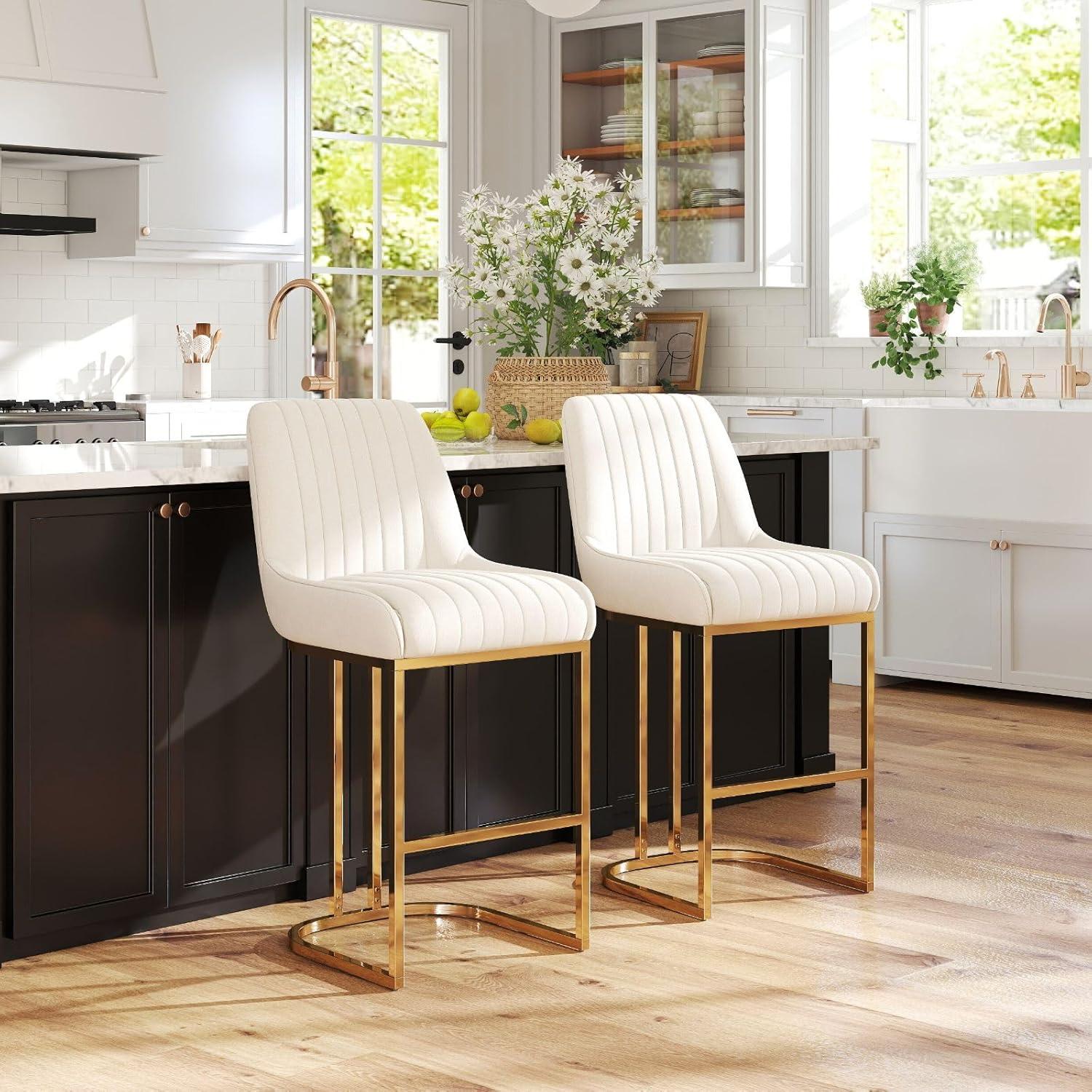 Counter Height Stools Set of 2, Velvet Bar Stools with 27 Inches Upholstered Seat Height, Handmade Woven Back Armrest, Sturdy Golden Metal Legs for Home Dining Pub Kitchen Island, Beige