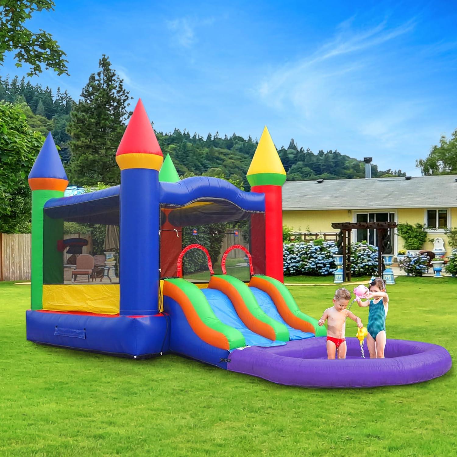 Pogo Bounce House Crossover Bounce House with Water Slide, Modular Rainbow Dual Slide with Splash Pool