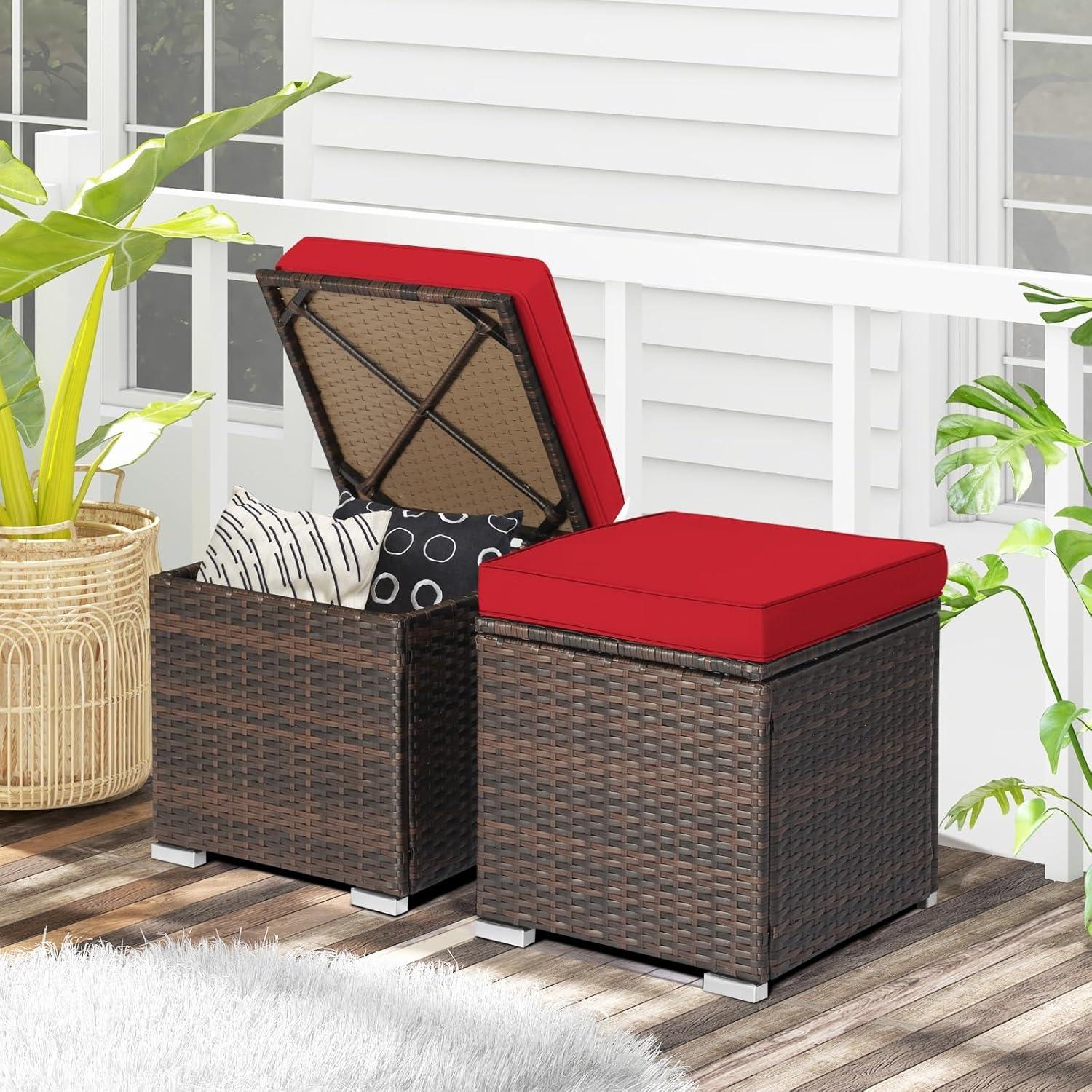 Latitude Run® 2-Pieces Patio Ottoman Set Outdoor Wicker Stool With Storage