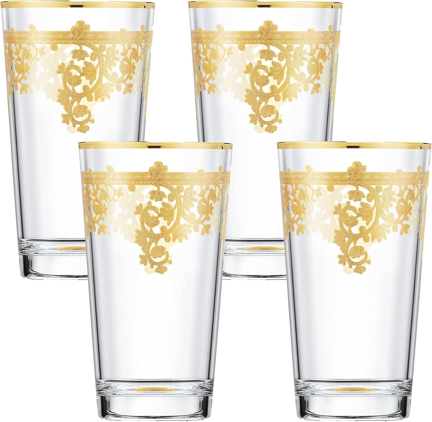 Lorren Home Trends Set of 4 Embellished 24K Gold Crystal High Ball Tumbler-Made In Italy