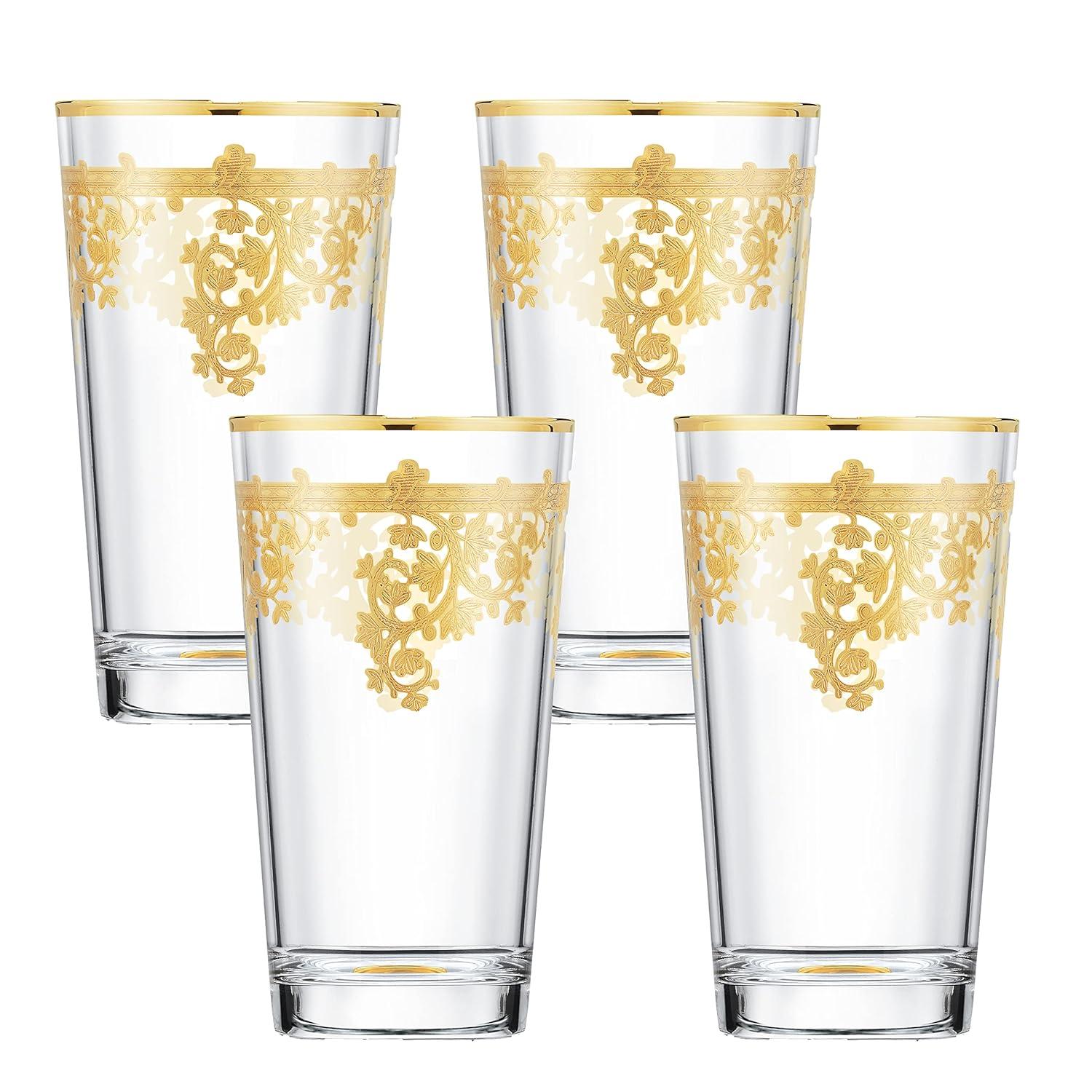 Lorren Home Trends Set of 4 Embellished 24K Gold Crystal High Ball Tumbler-Made In Italy