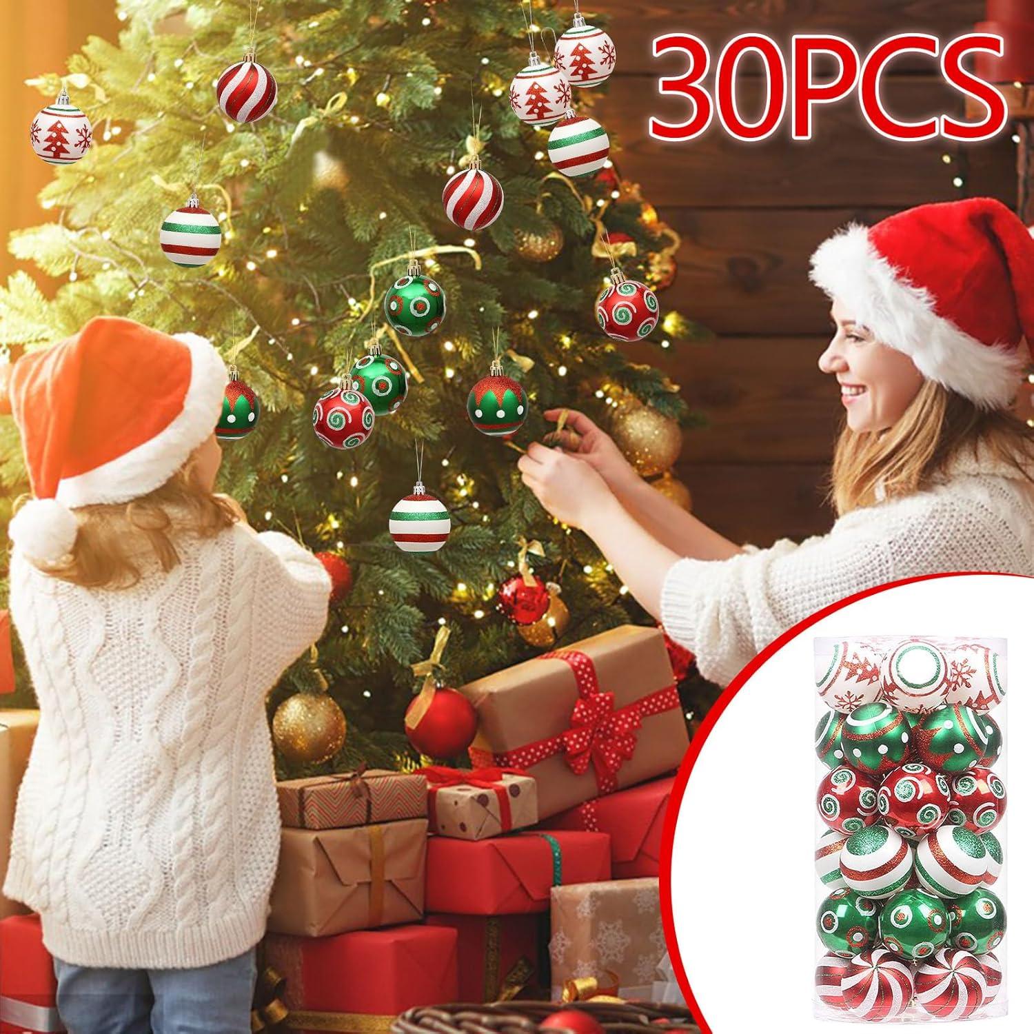 30 Pcs 2.36 Inch Christmas Tree Ball Ornaments Set Red Green Glittering Hanging Christmas Ball Ornaments Home Decorations