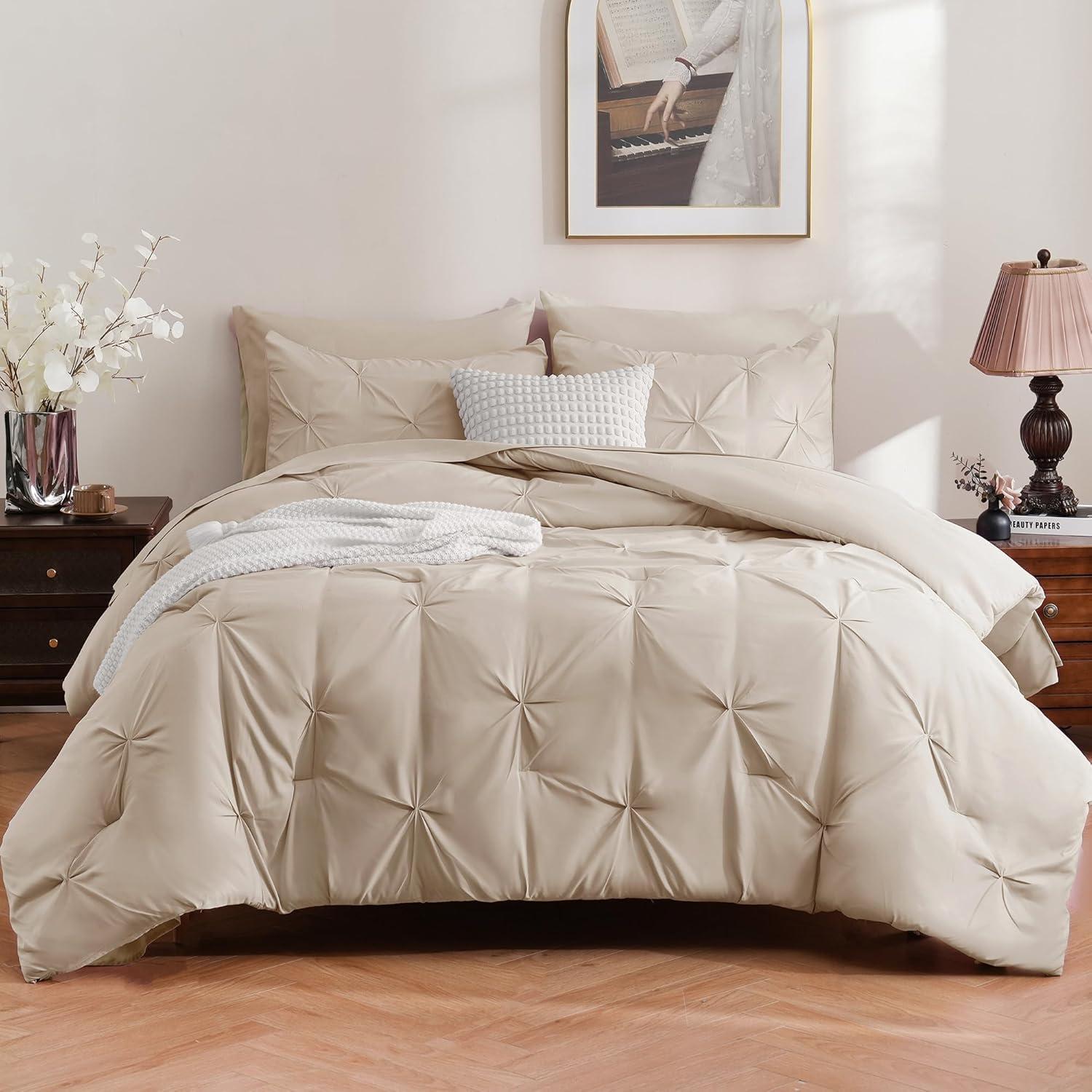 CozyLux Beige Comforter Set Queen 7 Pieces Bed in A Bag Cream Off White Pintuck Comforters Queen Size Pinch Pleat Bedding Sets with All Season Comforter, Flat Sheet, Fitted Sheet and Pillowcases&Shams