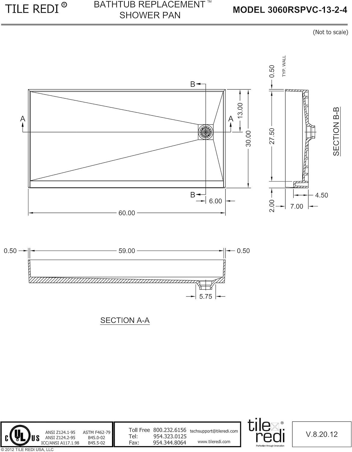 Gray PVC Single Curb Shower Pan with Right Drain, 60" x 30"