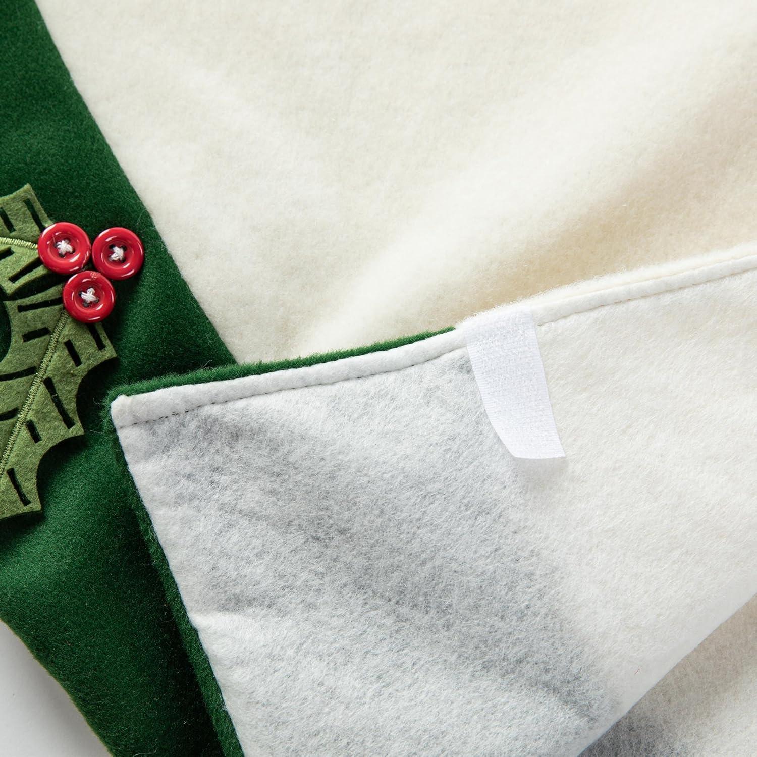 48" Green and White Felt Christmas Tree Skirt with Holly Leaves